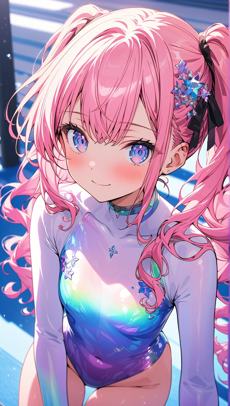 highquality illustration, masterpiece, very delicate and beautiful, attractive girl,(gymnastics leotard,long sleeve leotard with glittery decoration,high_leg leotard,athletic leotard,tight-fit leotard,iridescent gradient leotard,long-sleeve leotard),thin,slender body,slim,high school,gymnasium background,gymnastics club,gymnastics athlete,princess, beautiful eyes,light smile,(masterpiece, best quality:1.2), highres, extremely detailed CG unity 8k wallpaper, perfect lighting, Colourful, ultra-high res,4K,ultra-detailed, photography, 8K, HDR, 17 ages,cowboy shot,