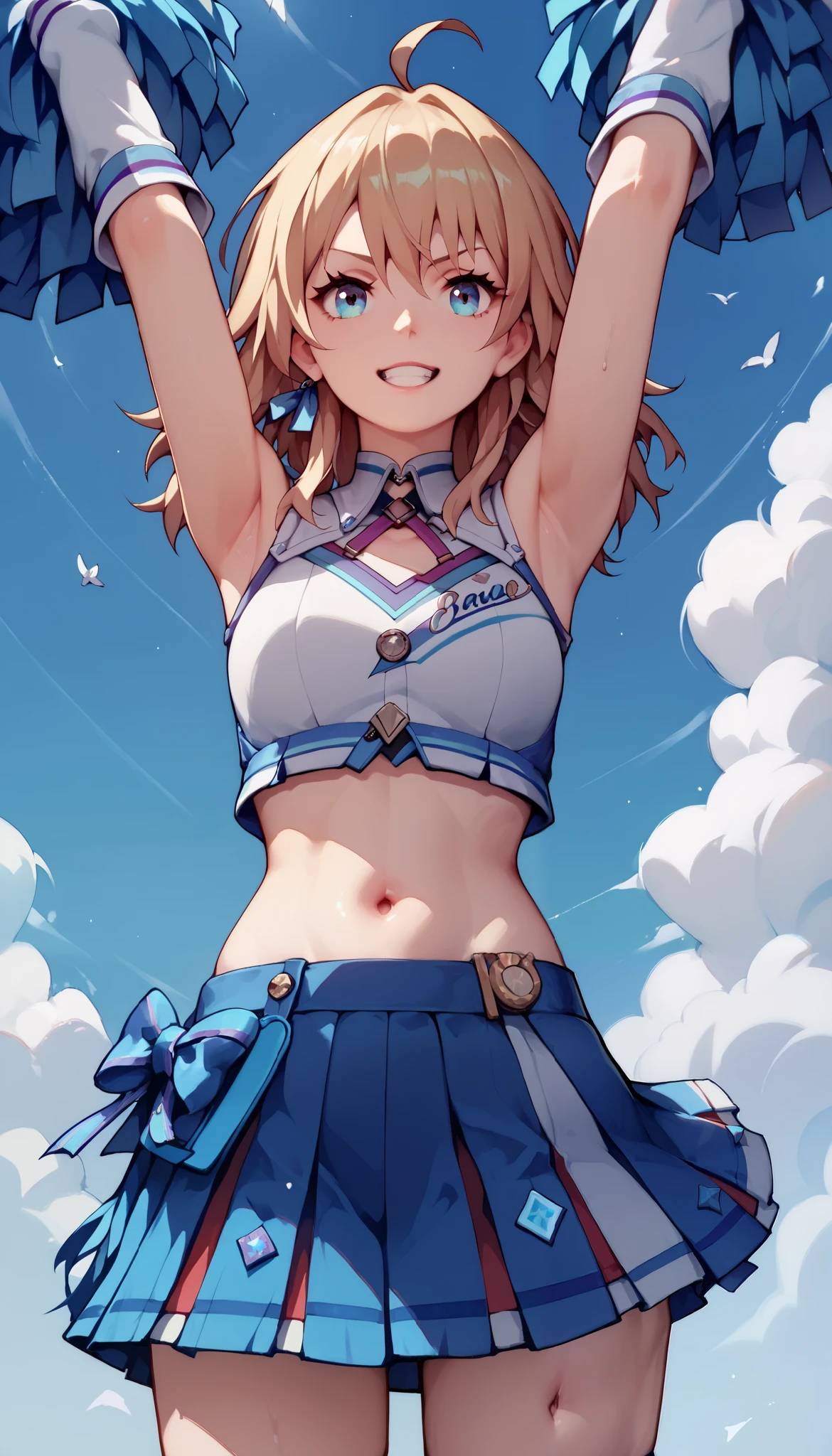 march7th, White crop top, Cheerleader crop top, Sleeves, gloves, Blue skirt, cheerleader skirt, navel,