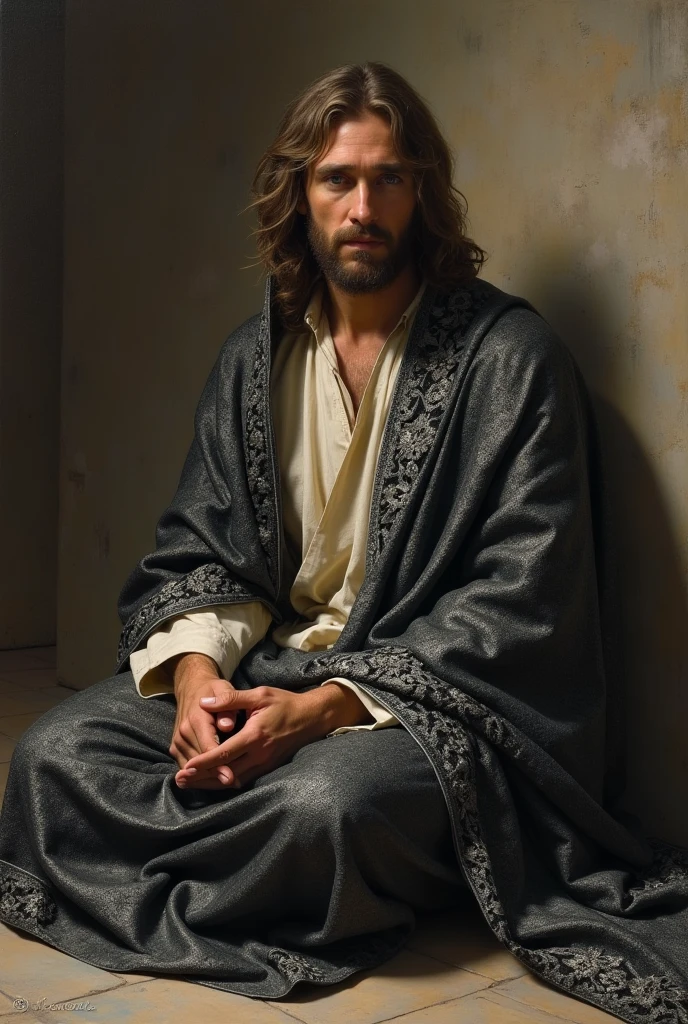 {Ultrarealistic image of Jesus sitting on a chair, hazel eyes, extremely detaild, chestnut hair, Large Beard, wearing a light brown lab coat, With a radiant smile, looking at side, 8K resolution, high qualiy, extremely detaild, fully body.