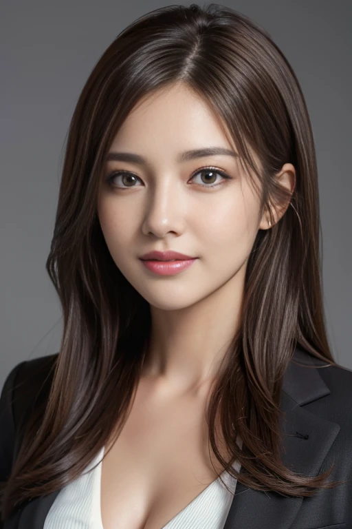 masterpiece, Highest quality, Very detailed, 複雑に詳細なSuper detailed, Realistic, Sharp features, Very detailed, Sharp focus, Perfect Face, Perfect Face, Perfect symmetrical perfect eyes, Perfect Plump Lips, Flexible female form, Cinematic, Film Light, Super detailed, hyper Realistic, High resolution, Vibrant, Dynamic Studio Lighting, ((Dark Background)), (A modest smile), (Captivating smile), Light brown hair, Asymmetrical hair, Asymmetrical bangs, Messy Hair, Long Hair, Exposed cleavage, Brown eyes, Blue sweater, Cowboy Shot,