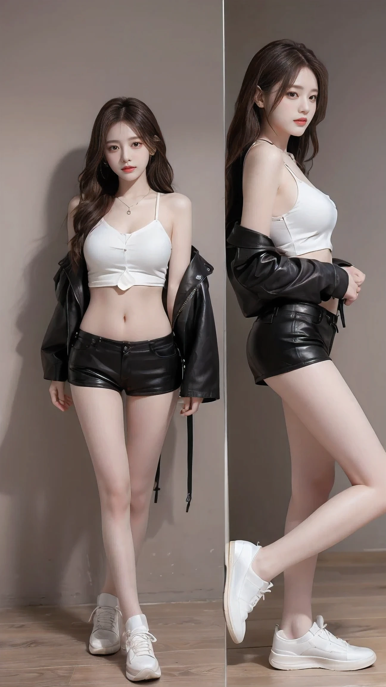 high definition , 8k, 1 girl, Viewers , very long hair , white hair, rainbow hair , Multicolored hair, Forehead between the eyes , chest , Seductive expression, Aperture F4.0, Full Character Design, Three Side View Image , Open Shoulder Leather Jacket ,Leather Shorts ,Slim legs, sneakers , Sexy Posture ,necklace,earring,bracelet,