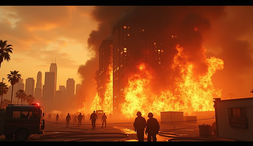 Generate a cinematic image high-resolution (8K) that depicts an abandoned city on fire. Use artificial intelligence techniques to create a firefighter man running through the streets amid the chaos, while cars crash and explode in the background. Add realistic detail to the flames, conveying the sense of despair and imminent danger. Create an impactful visual composition that reveals the excitement and mystery of ghost towns