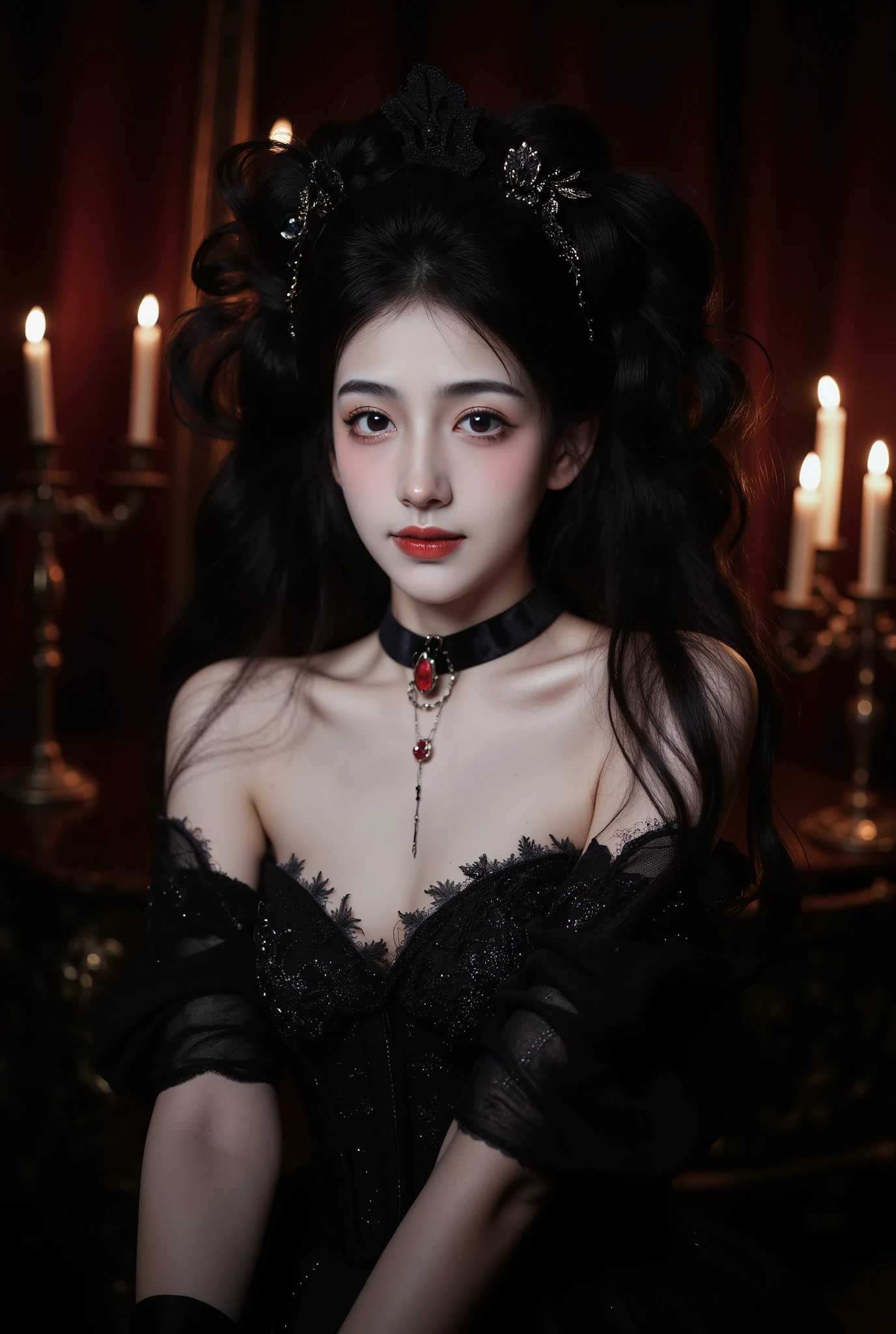 **"A portrait of a captivating young woman from the Victorian Gothic era, her pale complexion glowing softly against the dark, moody backdrop. Her deep, enigmatic eyes, framed by subtly smudged eyeliner, hold a gaze that is both alluring and predatory. Her glossy, raven-black hair is styled in elaborate waves cascading over one shoulder, with a single ornate pin securing it.
She wears a black lace gown with intricate embroidery, its plunging neckline and cinched corset emphasizing her elegance and sensuality. A velvet choker with a ruby pendant rests against her porcelain skin, accentuating her graceful neck. Her crimson lips curve into a faint, knowing smile, revealing a reserved yet provocative demeanor.
The background is rich with Gothic ambiance: heavy velvet curtains, a dimly flickering candelabra, and faint silhouettes of antique furnishings. The warm glow of the candles contrasts with the cool tones of her dress and features, enhancing her haunting beauty. She embodies the perfect balance of mystery, seduction, and restrained power."**