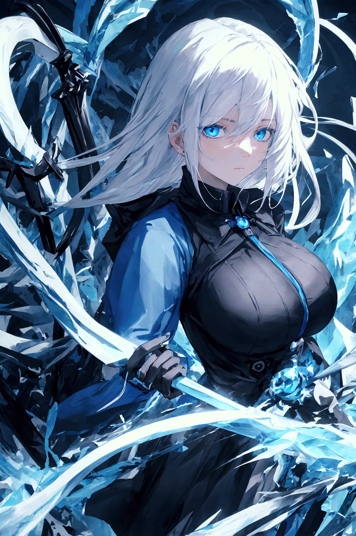 Hot girl, white hair, blue eyes, black superhero suit, blue glove, blue cape, cat ears