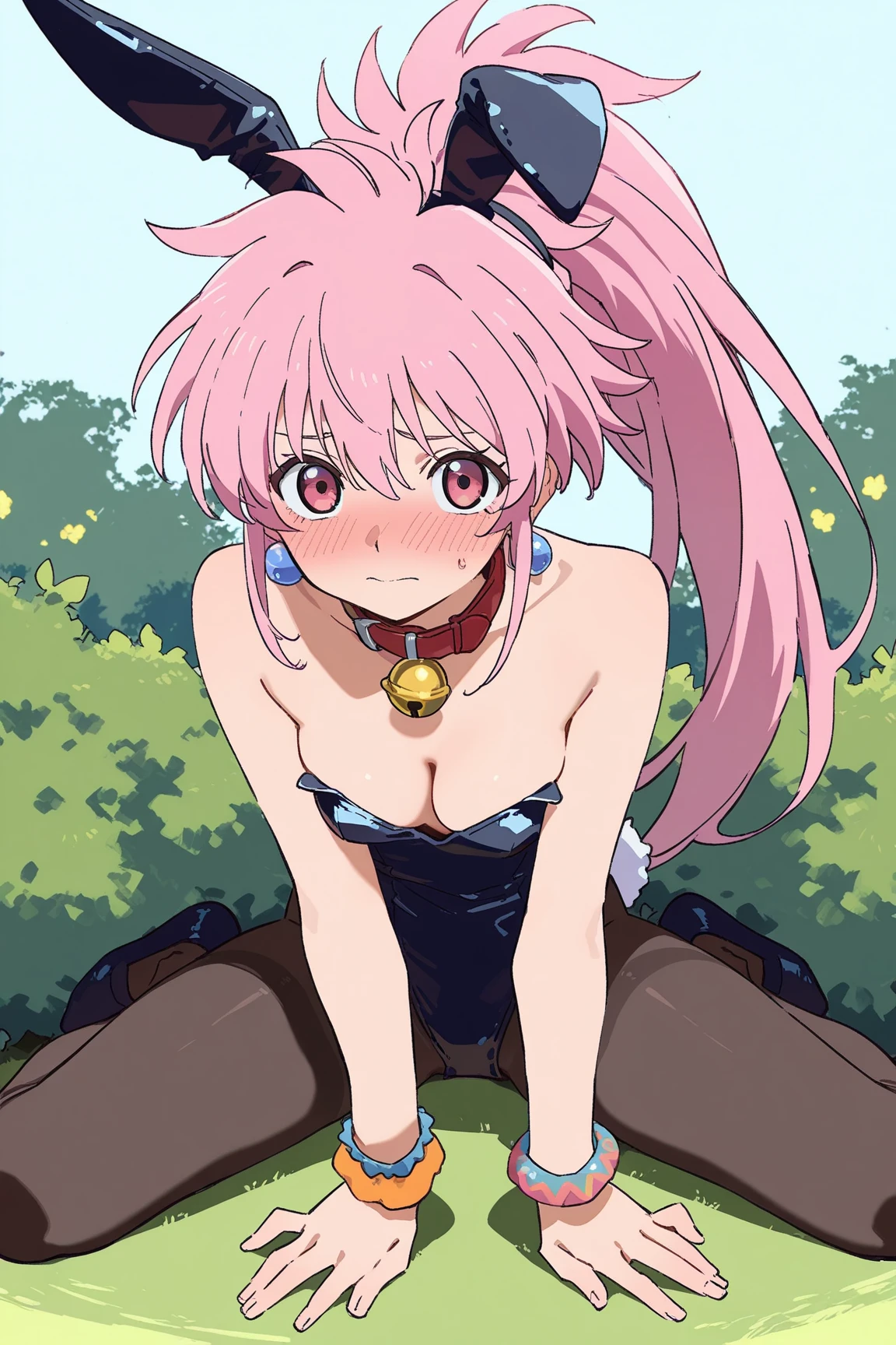  illustration where I can see my whole body, 1 girl in the bush, c cup breasts , slightly bulging chest , illustration where I can see my whole body,Girl sits up and looks up ,Embarrassed, best quality , high resolution, ARKE BASE ,  pink hair with a scar,  LONG PONYTAIL ,  pink eye,   long hair,  earrings,  black sexy bunny girl, black sexy stockings,Black rabbit ears, bracelet,red collar and bell,light blue background 
