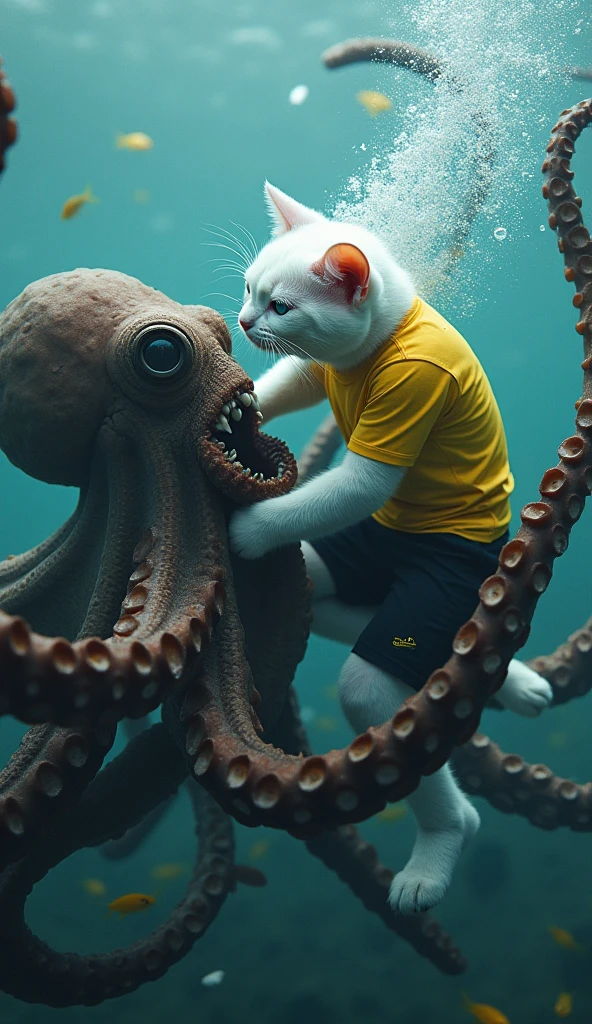 The white realistic muscular bodybuilder daddy cat, still in his black pant coat and tie, is standing in the water, facing the giant red big mouth and sharp theeth octopus.Action: With a powerful big kick seen is visible, the daddy cat strikes the octopus directly in the face. The octopus’s mouth, full of sharp teeth, recoils in pain, releasing the kitten from its grip.