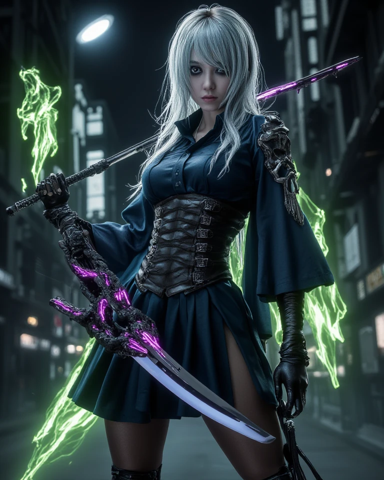 Fullbody 128k Bluray Extreme UHD 4K High quality anime image . My attention is drawn to an incredibly beautiful woman with short, straight grey hair with a headset on her head, full lips and yellow eyes. She is calm in her demeanor. She stands in the city with her sword in hand. She wears a green and black oversized jacket and a black skirt with long black socks and green tennis shoes.” Rendered in stunning 4K and UHD resolution using Octane Render CGI technology, everything comes to life in a mesmerizing 16K masterpiece, with an aura fascinating and high level of detail, anime illustration with calm look in eyes, cyber punk illustration, beautiful anime woman with grey hair, 4K, UHD, Ultra HD 4K image, extremely fascinating sifi light, intricate details , extremely detailed, incredibly detailed.holding an electric sword.