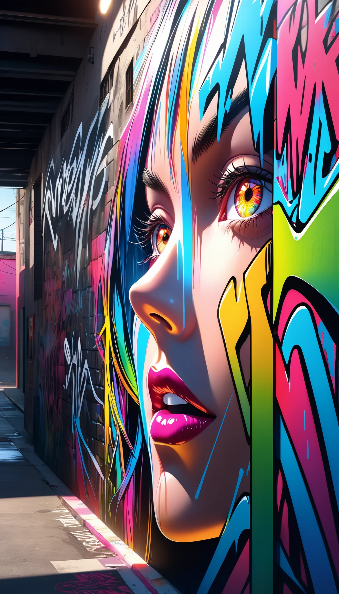 a woman, graffiti, written with illumination pen, very sharp line, shining glow, super-reflection, multi vivid clear colors, hyperrealistic, photorealistic, 8k, masterpiece, digital art, highly detailed, vibrant, dynamic, striking, mesmerizing, dramatic lighting