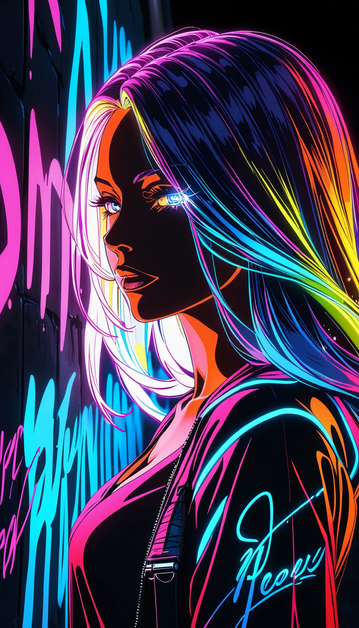 glow line art, graffiti, written with an illumination pen, very sharp line, shining glow, super-refection, multi vivid clear color, a woman, solo,