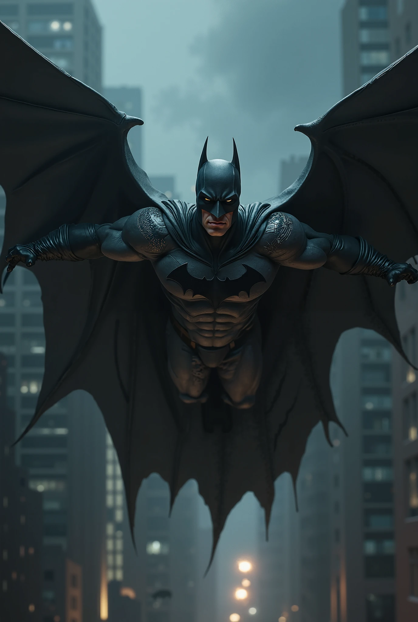 Batman flying over a city at night with a city in the background ...
