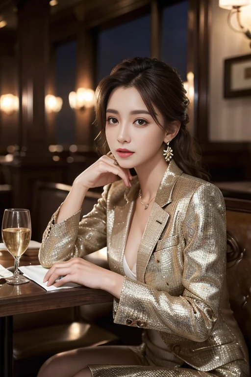 masterpiece, Highest quality, Realistic, Very detailed, Finer details, High resolution, 8k wallpaper, One beautiful woman, Wear a nice suit, In a great restaurant, At night, Light brown messy hair, Perfect dynamic composition, Beautiful and beautiful eyes、Big earrings、Sit on a chair、