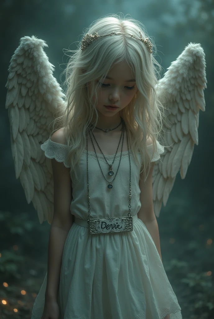 Baby girl with black t-shirt and necklace like a fairy face smooth skin pink lips white hair perfect body and dark smoke background and have a big wings of an angel
Setting in the chair