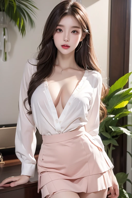 best quality best quality,High quality,masutepiece,Detailed details,hight resolution、Haute,Realistic, resolution,1girl in,Beautiful,beautiful face beautiful face,Beauty of beauty,Medium Hair,Looking at Viewer,red blush|blush and dye,Full body,Mysterious Eyes,Smile with closed mouth,,Black hair,hair clips,Circle earrings,White blouse、White blouses,tight skirts,high-heels,Large breasts,cleavage of the breast,Slim body type,Front Pose,Standing posture,Necklace,evening,In the library,