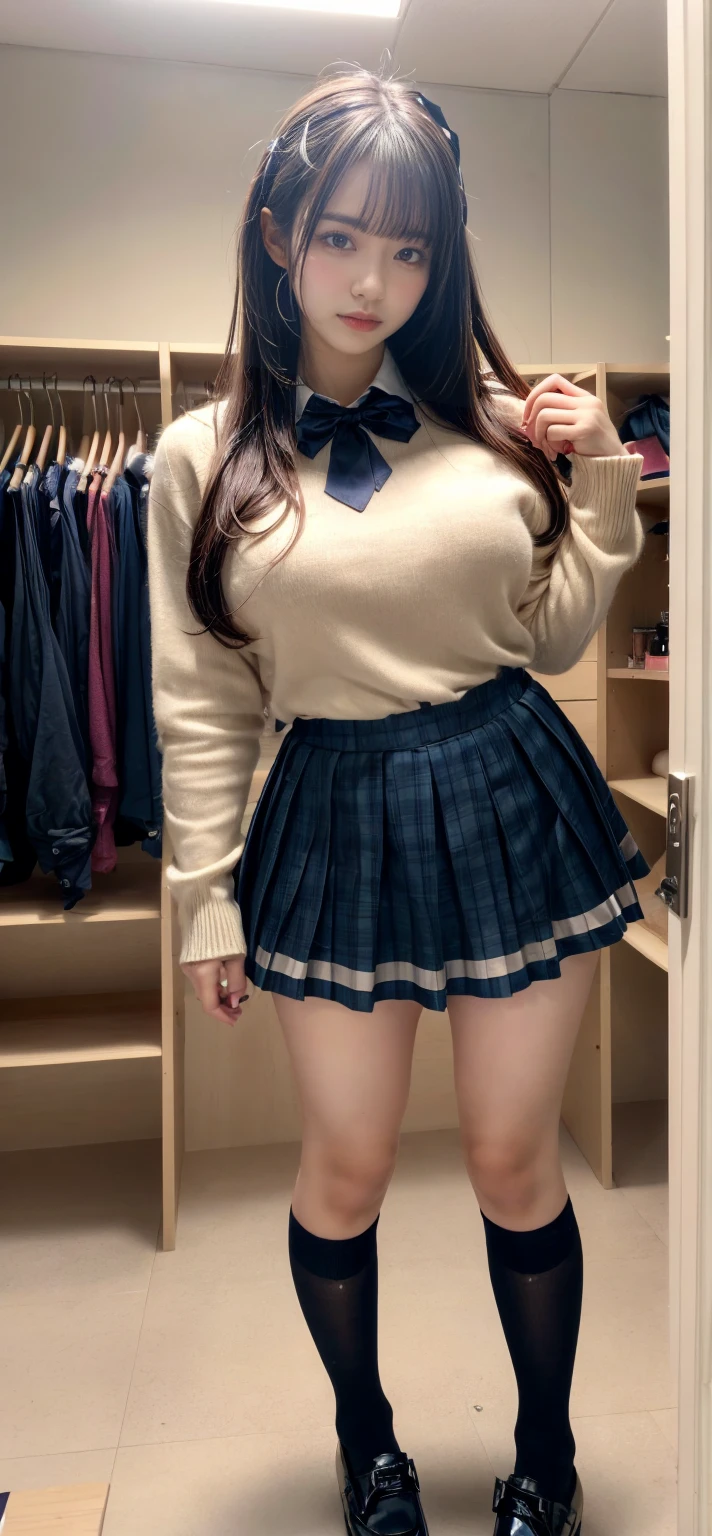 ​masterpiece, top-quality, hight resolution, kr1, brown-eyed, bluntbangs, kibito high school uniform, skirt by the, Sweaters, pleatedskirt, socks, small , Slouched, put hands on the hip,Beautiful and perfect legs, Clean and perfect hands, (Detailed eyes and face:1.2, Professional photography techniques), (Detailed hands:1.1, The right move:1.2, Fine Fingers:1.1), (Tight waist:1.2), (Beautiful breasts), (Small beautiful butt)
