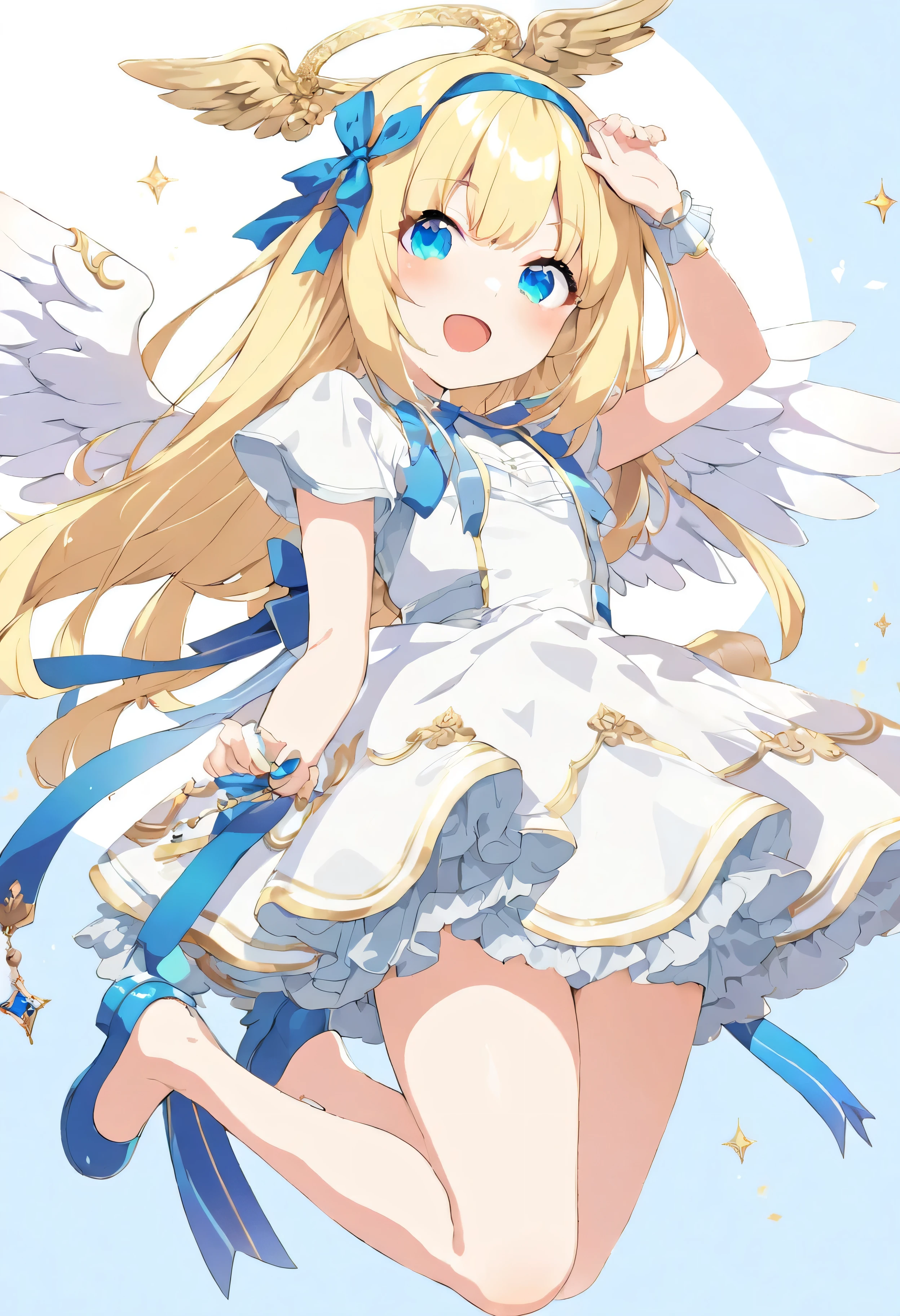 nsfw, (top-quality、masterpiece:1.2), (lovely), a angel girl, solo, in a short skirt and a white dress, large silver wings on your back , {beautiful Sapphire blue eyes :1.2}, small curvy loli, loli in dress, shining golden angel's ring above your head , blue hair band, blonde anime girl with long hair, visual novel sprite, girl, made with anime painter studio, anime stylized, floating in the sky, winking, open mouth, smiling, jumping, cowboy shot, full body, cute anime waifu in a nice dress, simple blue background, Many angel wings are dancing in the background , watercolor tone, Kyoto Animation Style