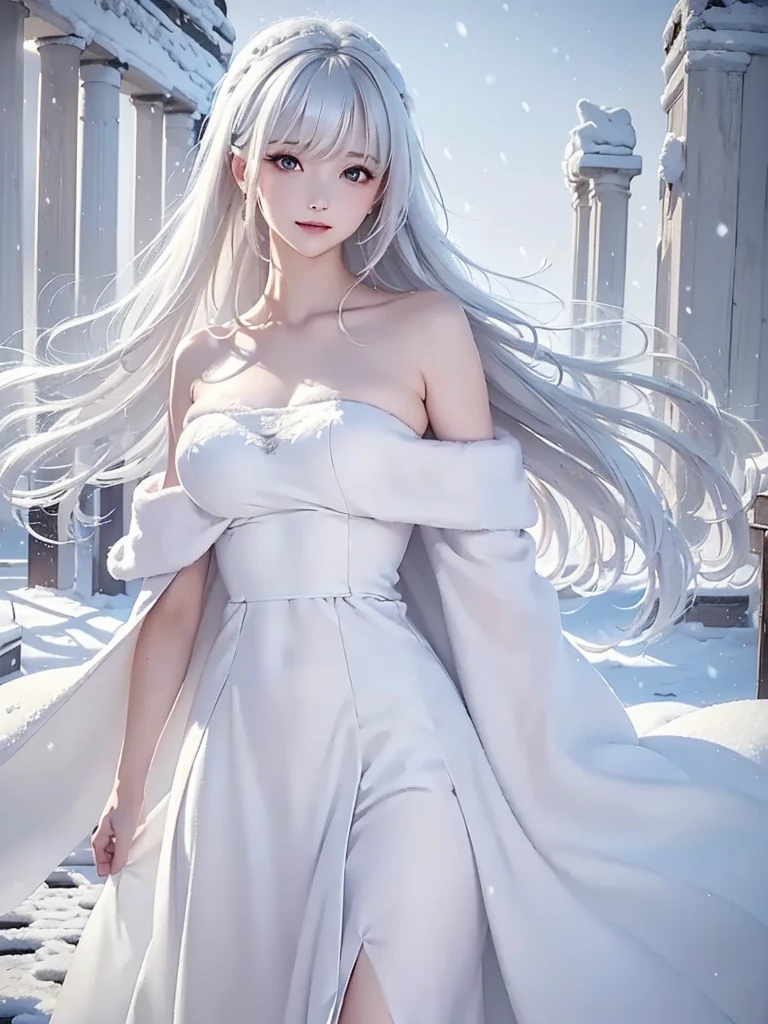 ((masterpiece:1.5、8k、Tabletop、Photorealistic and very detailed CG、Very detailed、Particle Effects、Dynamic Effects、Written boundary depth、Cinematic Light、Lens flare、Ray Tracing、Tabletop、Realistic:1.4、超A high resolution、Realistic、Realistic))((alone、,Woman wearing a fur coat over a halter dress:1.4、Elegant woman posing:、Detailed face、brightexpression、young, bright, Whiter skin、small beauty breasts、Best Looks、Ultimate beauty、White hair with shiny highlights、Bright, shiny, super long straight hair、Hair dancing in the wind))(morning、The setting is outdoors in the snow、Snowflakes flutter)