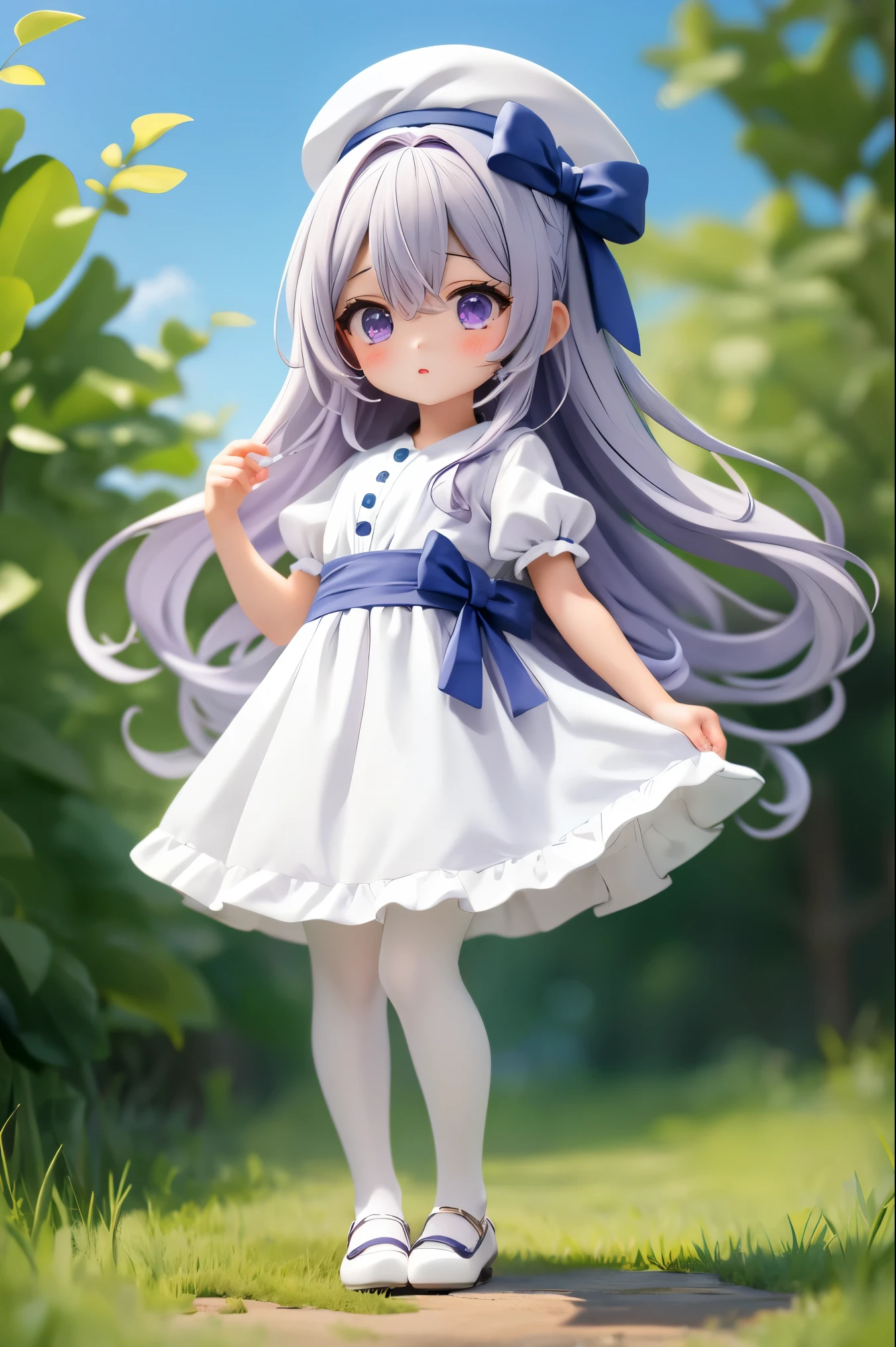 1 girl in white pantyhose、 long hair、 purple eyes 、 pretty eyes、(Full, Large target)、Idol服装、 ribbons on clothes 、((wrinkle))、(light colored dress)、Short sleeve、Puff sleeves、(Idol)、beautiful feet、Standing photo、Standing、 field background 、( highest quality high resolution )、( best quality:1.2))