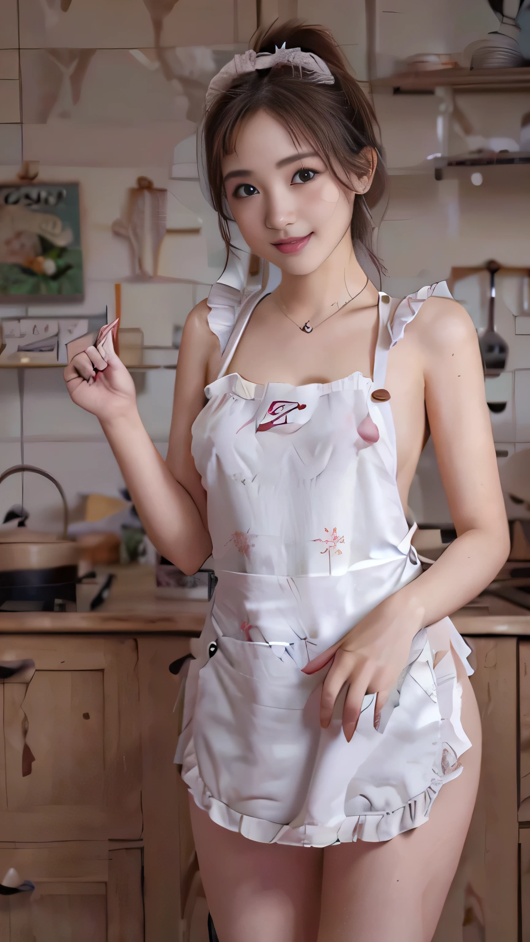 hightquality、​masterpiece、ultra res、cute girl face、kitchin、barechested、pinafore、NAKED Apron、full body Esbian、Famous actresses of Japan、Very beautiful face、A sexy