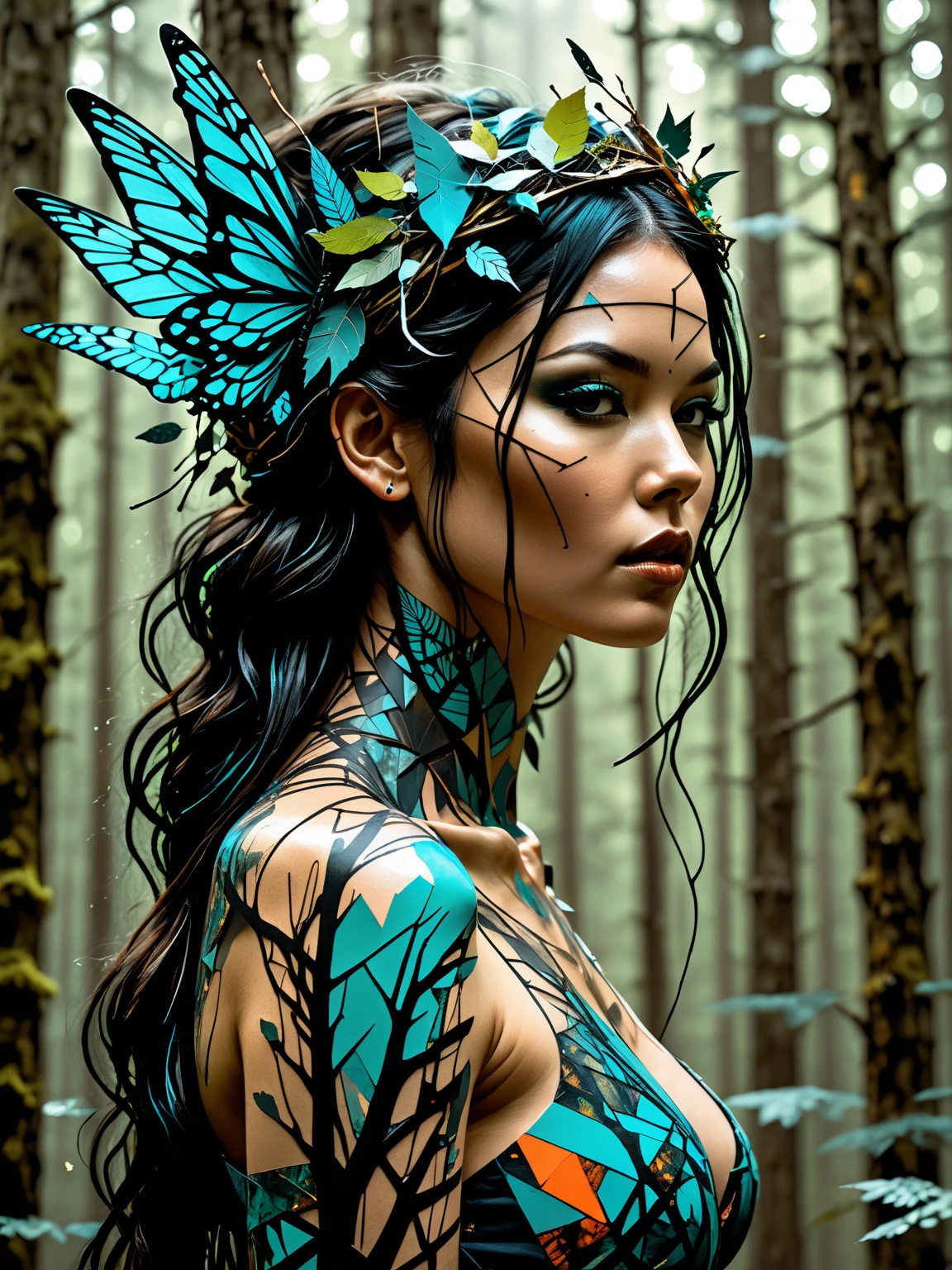 beautiful tanned girl, gradient green-blue hair exploding with flowers and butterflies, stunning light blue-green dress, intricate details, glow, divine essence, aesthetics, harmony, walk in mystical forest, surrealism, botanical dream, lumen, play of light, cinematic, colorful, unreal engine, 64k, depth of field, photoshop, full-length