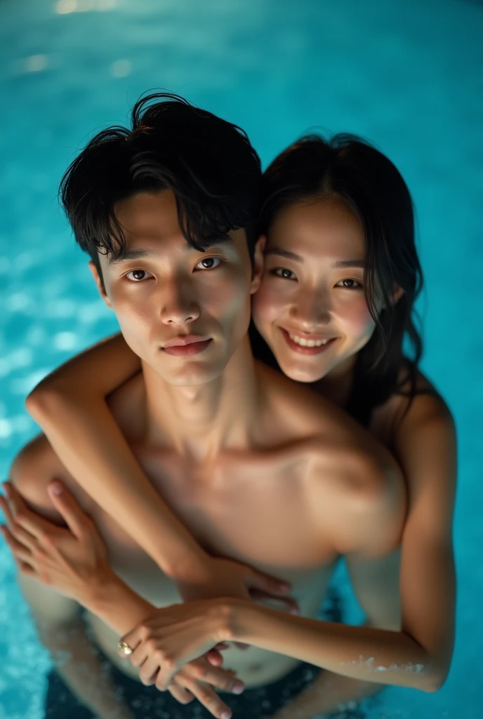 ????? 30 year old Asian man and a naked 30 year old Asian short hair mature body woman posing seductively in a swimming pool, daytime