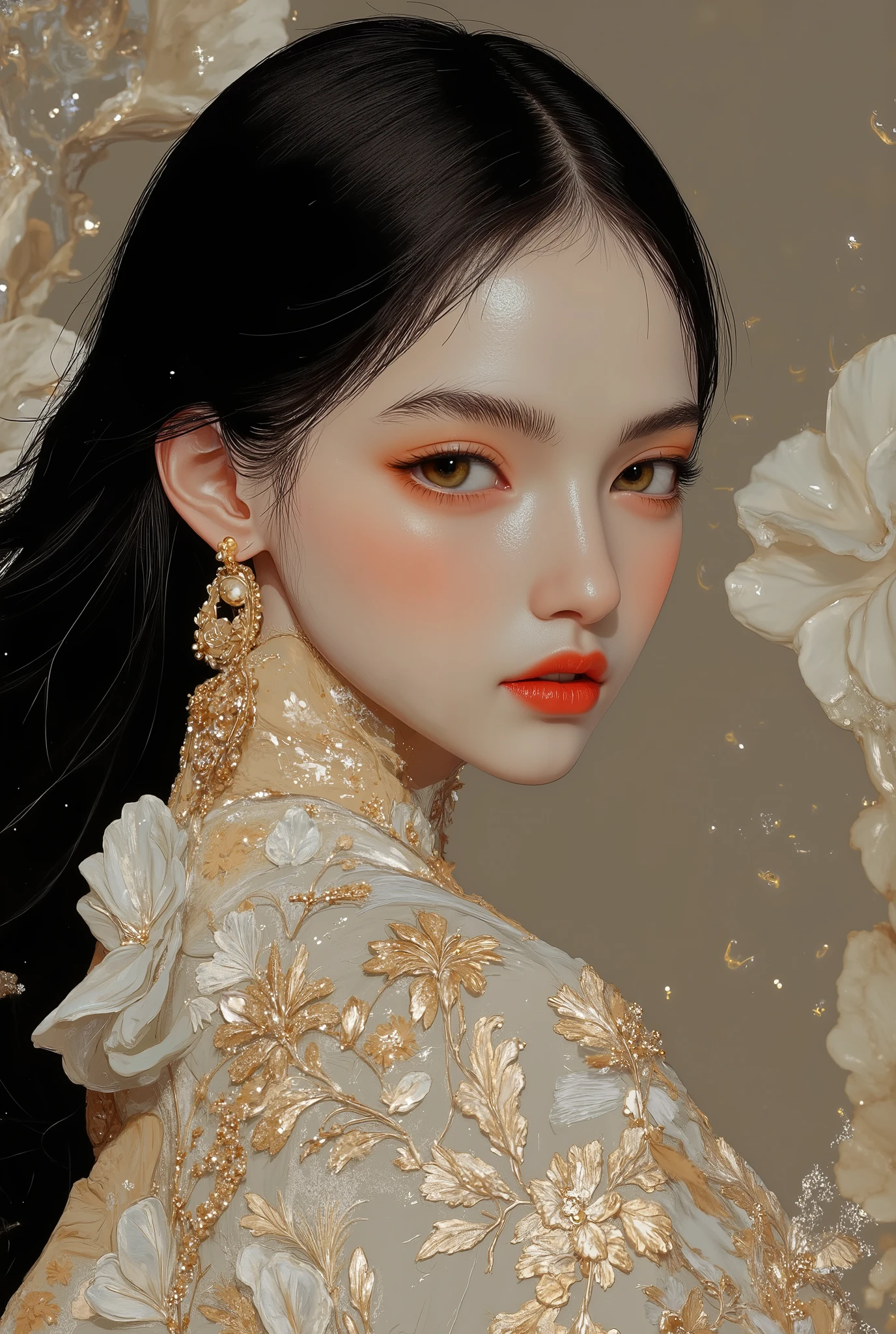 A highly detailed and realistic portrait of a beautiful young princess with features inspired by the elegance and symbolism of a white swan. She is a Malay girl with soft, radiant skin and thick, well-defined eyebrows that frame her expressive eyes. Her eyes are deep and luminous, resembling the serenity and wisdom of a swan, with a warm brown hue that exudes elegance and inner strength. Her hair is long, smooth, and glossy black, cascading over her shoulders like flowing swan feathers. Her outfit is a full-length, intricately designed dress inspired by ballet, adorned with delicate embroidery and shimmering accents, blending regal and graceful aesthetics.
The background is softly blurred with abstract hints of glowing light and ripples resembling water, creating a dreamlike and ethereal atmosphere. The lighting highlights her facial features and the details of her clothing, evoking the mystical symbolism of swans as spiritual beings of grace and transformation. Created using hyper-realistic detailing, Symbolist-inspired aesthetics, and HD rendering, the image captures a fusion of natural beauty, cultural elegance, and the ethereal essence of a spirit animal