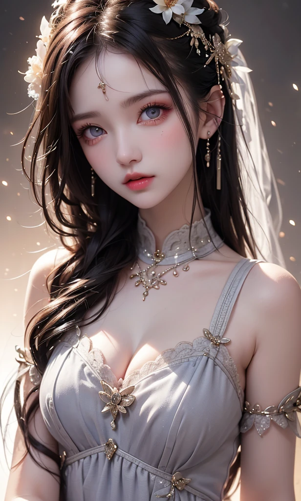 8k,Confused, High resolution, Very detailed, 1 girl, alone, Very beautiful eyes, Ultra-precise depiction, artistic、Very detailed depiction, (Tangled:1.2), , (White high key background:1.5), (((White lace dress 1.5))), 、 Tie your hair up、Earrings and Necklaces、Platinum Blonde Hair, (Glowing Skin), Many colors, , (Tight mini dress:1.2),See-through、Flat Body、slim、cute、、Round face、Cast a Shadow、、(((Sex Appeal、sex appeal、Ecstasy1.3)))、、(((Dynamic pose 1.5)))、(((Sex Appeal、sex appeal、Ecstasy)))