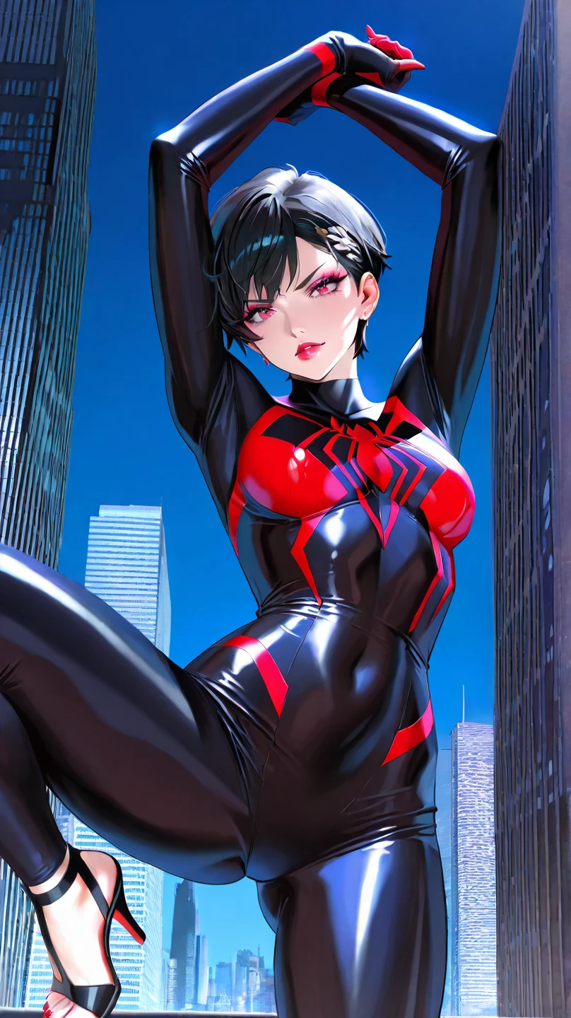 (1girl:1.3), Solo, (((Very detailed face)))), ((Very detailed eyes and face)))), Beautiful detail eyes, Body parts, Official art, Unified 8k wallpaper, Super detailed, beautiful and beautiful, beautiful, masterpiece, best quality, original, masterpiece, super fine photo, best quality, super high resolution, realistic realism, sunlight, full body portrait, amazing beauty, (Spread legs:1.4), delicate face, vibrant eyes, (from the front), She wears Spider-Man suit, very detailed city roof background, rooftop, detailed face, gorgeous, milky white, highly detailed skin, realistic skin details, visible pores, clear focus, volumetric fog, 8k uhd, DSLR, high quality, film grain, fair skin, photo realism, lomography, futuristic dystopian megalopolis, translucent, (water drips all entire body:1.3, wet body:1.3, wet hair:1.5), (The chest of the Spider-Man suit is ripped:1.5), (The chest of the Spider-Man suit is ripped:1.5), (The chest of the Spider-Man suit is ripped:1.5), (Exposed cleavage:1.3), (sweat like a pig:1.4), (((Typhoon heavy rain))),