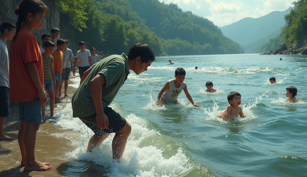 ultra HD, clear, high quality photo that tells of a father, mother and three children running to the mountains to save themselves from the huge tsunami waves that were chasing them