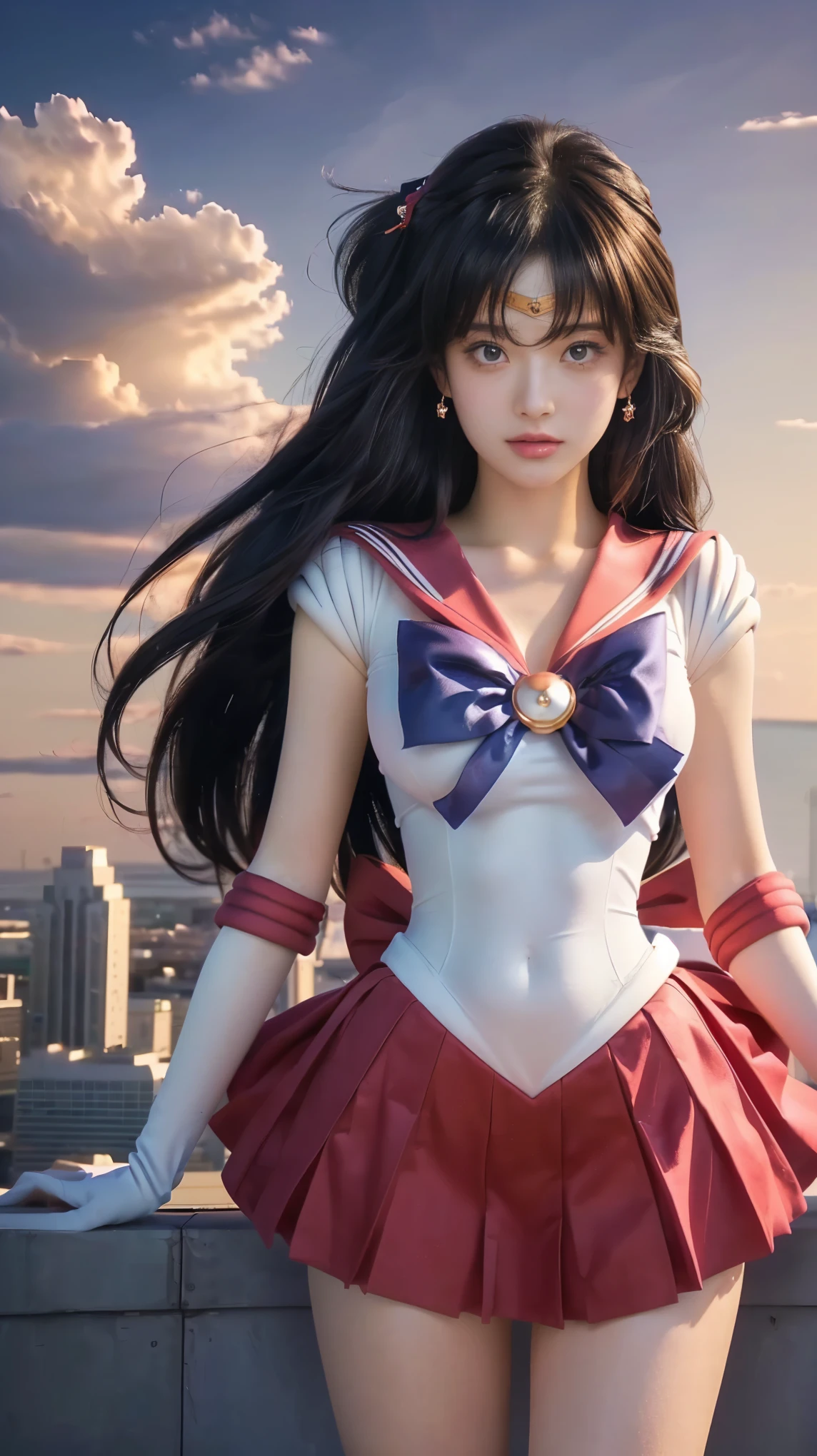 sailor girl posing on a rooftop with a city in the background, realistic style, anime girl cosplay, anime cosplay, the sailor moon. beautiful, inspired by Sailor Moon, photorealistic anime, hyper realistic, realistic, sailor moon style, rei hino as a princess, anime girl in real life, by Sailor Moon, realistic cosplay