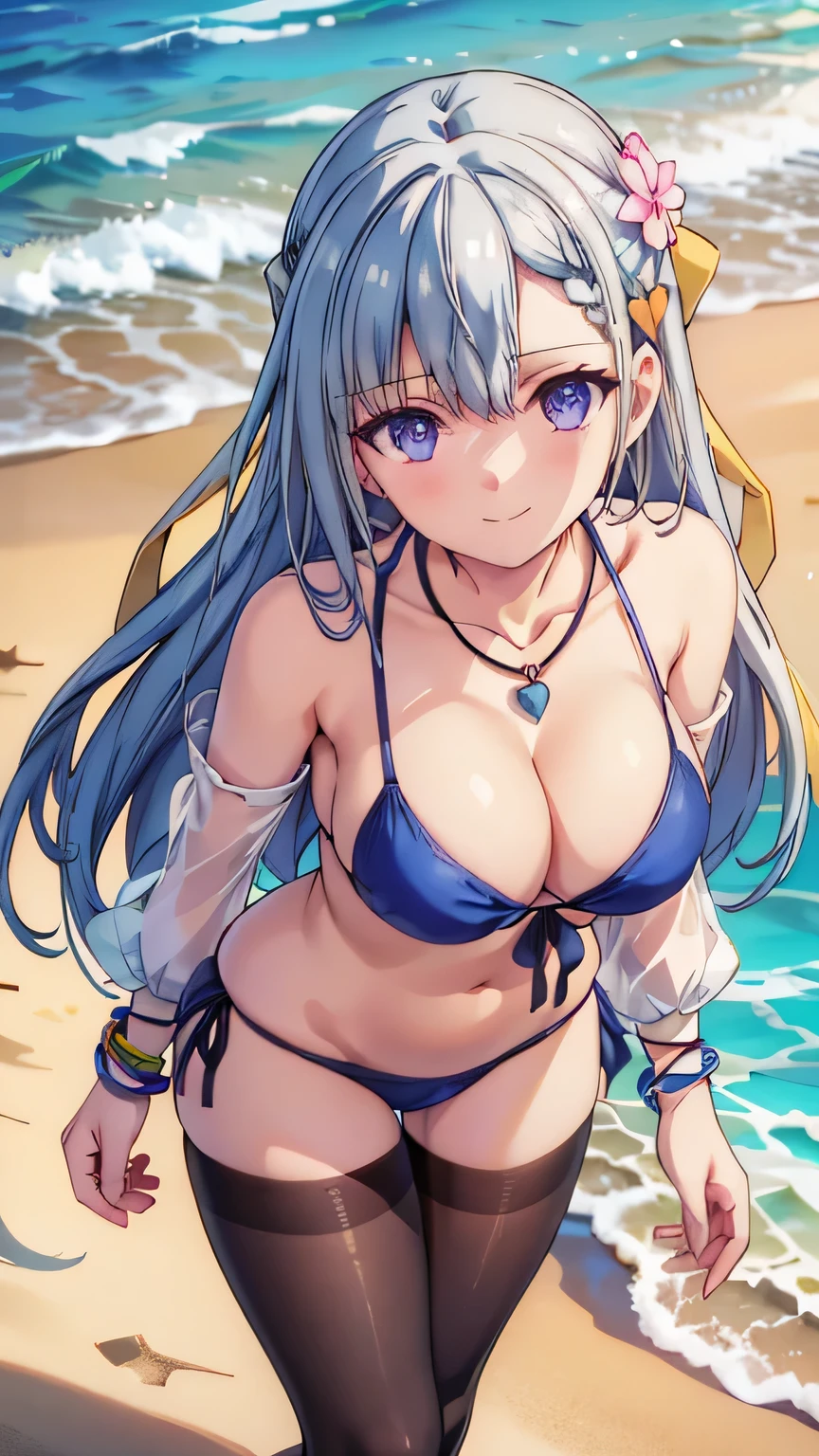 expressive eyes, perfect face, 8k wallpaper, detailed background, 1girl, hair between eyes, hair flower, sun, heel sandals, clear sky, bare shoulders, (heart necklace), big breasts, cleavage, braclets, cleavage, pantyhose, pantyhose under shorts, raglan sleeves, white shirt, blue sleeves, long sleeves, visor cap, open clothes, undressing, single thighhigh strap, (bikini girl, sexy bikini), (string bikini), strap gap, side-tie bikini bottom, standing, beach resort, poolside, seductive pose, shy smile, cowboy shot, (masterpiece), best quality