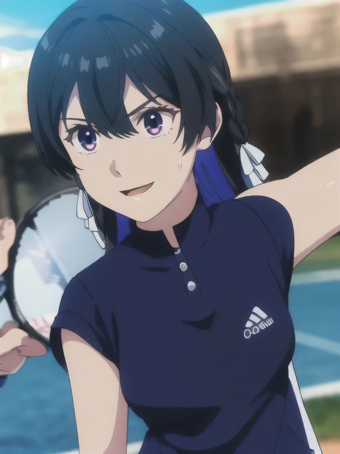 A young female tennis player dressed in a sleek blue tennis outfit stands ready, with her white undergarments visible. gripping her tennis racket with both hands in a poised and focused stance. The sunlight highlights the crisp lines of her attire and the polished strings of the racket. Her determined gaze locks onto an unseen opponent, exuding confidence and anticipation. The lush green grass of the tennis court extends into the distance, framed by a clear blue sky. This dynamic scene captures the perfect blend of elegance, power, and athletic prowess, showcasing her readiness to strike with precision and grace. smiles gently, FRIENDLY. ( RAW photos , top quality ), ( realistic , photo- realistic :1.4), masterpiece, extremely delicate and beautiful, extremely detailed, 2k wallpaper, amazing on the beach, Detailed description, extremely detailed CG unity 8k wallpaper, ULTRA DETAIL, high res, Soft light, beautiful detailed girl looking back, extremely detailed eyes and face, beautiful detailed nose, beautiful detailed eyes, cinematic lighting, Perfect Anatomy, slender body. 