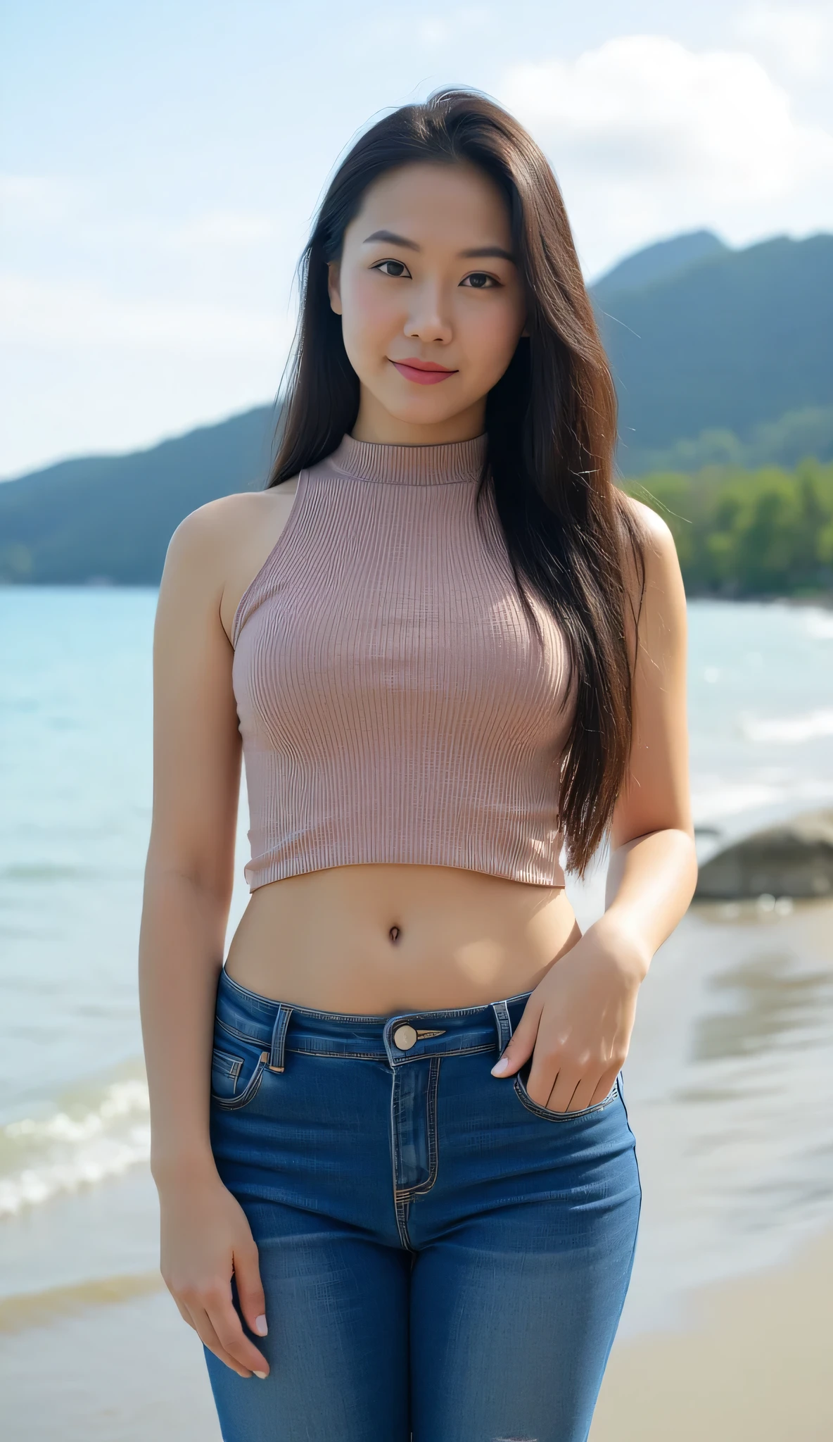 masterpiece, tanned skin, one woman, shorts, sweat, precise drawing, 8k, cute, big eyes, long eyelashes, y-shirt, summer, sea, looking here, smile, delicate, slim,skiny, skinny, skinny, skinny, skinny, black hair, souvenir photo