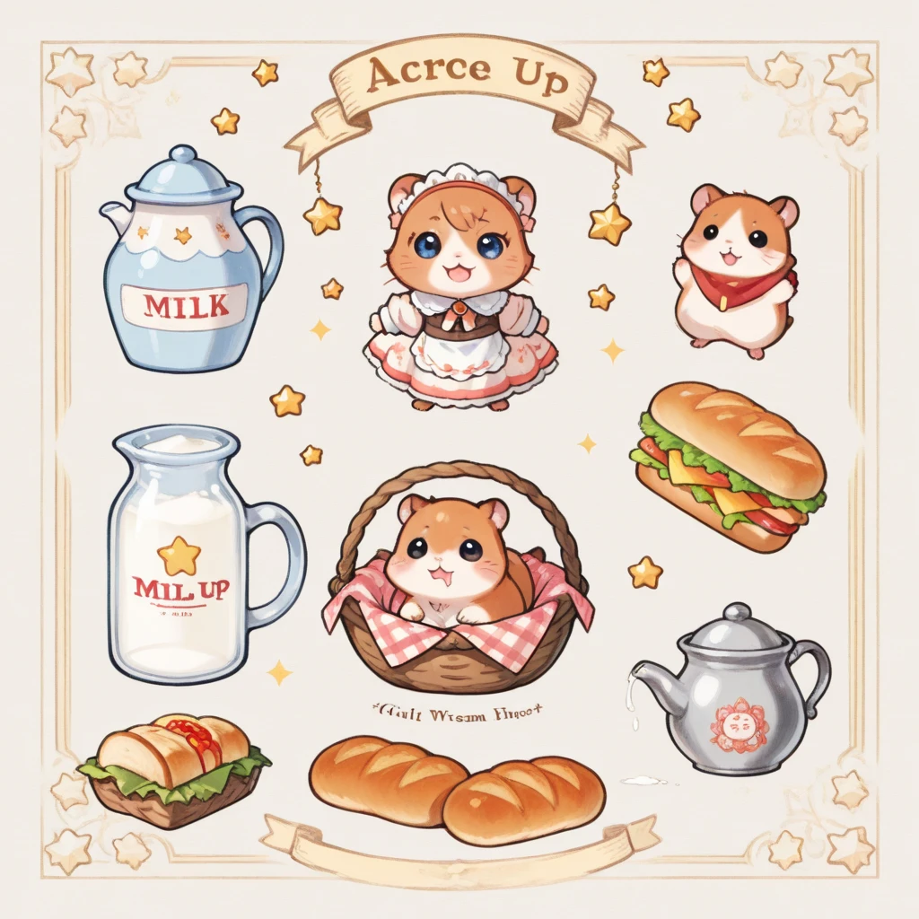 handicraft artwork,patchwork,cloth,button,Felt fabric,Embroidery thread,Handicrafts with a warm and gentle atmosphere,(Panham style , party ,A girl dressed up as a hamster,Girl with hamster, laughs,:3, drool , chibi, full body,Delicious-looking bread,A woven basket filled with bread, sandwich ,milk bottle,Sugar Pot,star,snow pattern),A dream-like sight,rustic colors,intricate details,artwork,Three-dimensional