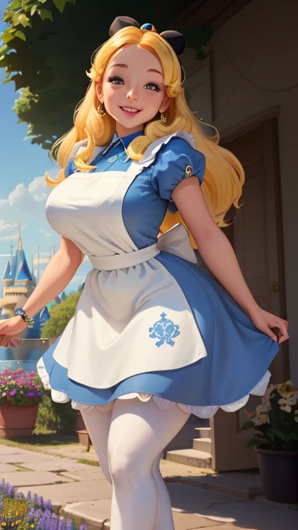 1girl, masterpiece, best_quality:0.5, highres, 4K image, (incredible_details:0.7), absurdes, sharpen image, perfect focus on character, depth of field:1.0, ((fullbody_angle_shot:0.6)), precious 20 years-old girl, AliceWaifu, large blue eyes, ((surprised expression face)), thick lips, blonde, black hairband, blue dress, tight minidress, ((unbutton)), (white pantyhose crotch), perfect body, ((colossal cleavage)), busty, perfect legs, thick thighs, high heels, enchanted forest scenery, flowers, butterflies, sunrays in scene, ((blur background:1.4)), lifting minidress