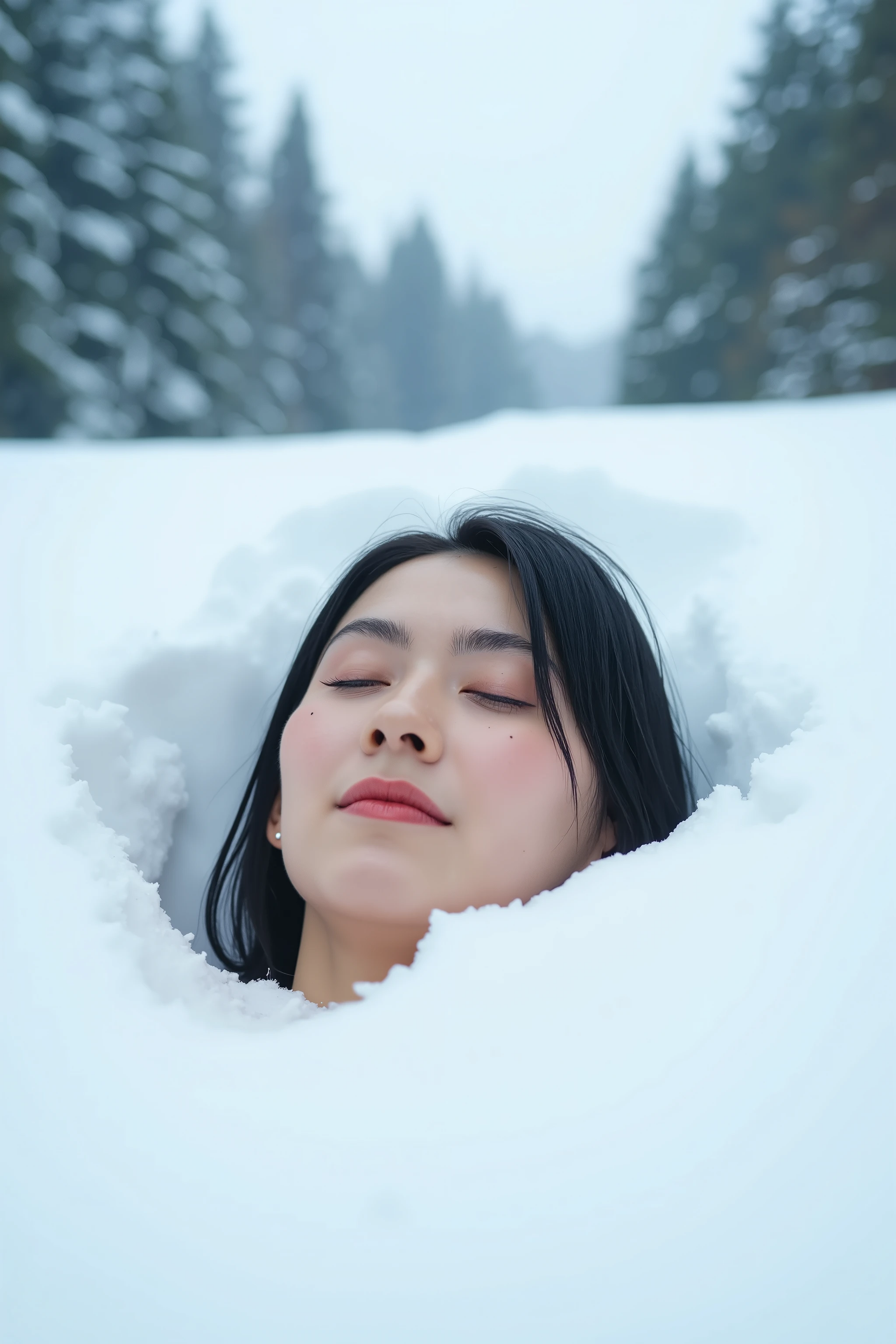 A high resolution photograph of a Japanese woman buried in the snow with only her head sticking out. Intricate details, 8k,