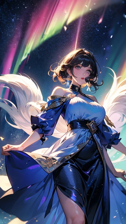 absurdres, RAW photo, extremely delicate and beautiful, masterpiece, Best Quality, ultra high resolution, 32k, hyperrealistic, ultra-detailed, detailed description, pale skin, 20 years old, delicate facial features, detailed beautiful face and eyes, tearful mole, earring, Colossal tits, short medium hair, wavy hair, (full body shot), cheongsam, halterneck,