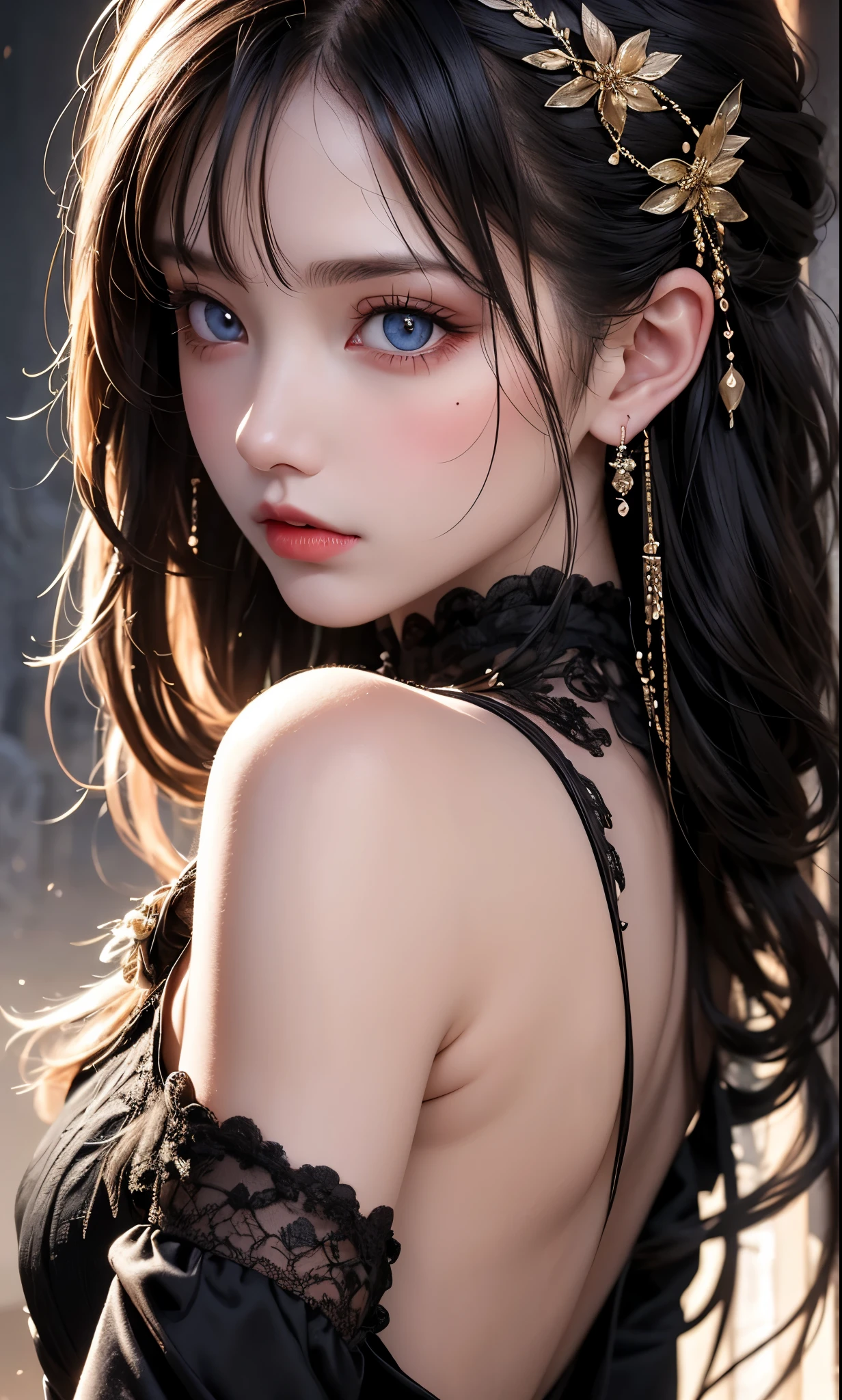 RAWphotograph, photograph, Realistic, 8K vivid photograph of a woman in nature, Super detailed, In detail, Dramatic Light, In detail beautiful eyes, Detailed skin, Depth of written boundary, Grey Eyes, from side
