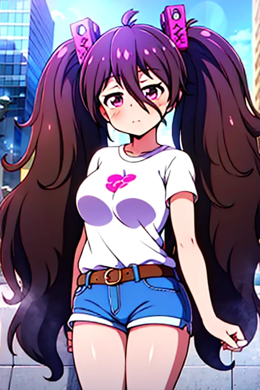 ASAMIKE, red HAIR, PONYTAIL, LONG HAIR, SIDELOCKS, PURPLE EYES,, large breasts, , solo nipple , ride a bicycle、 bustling street