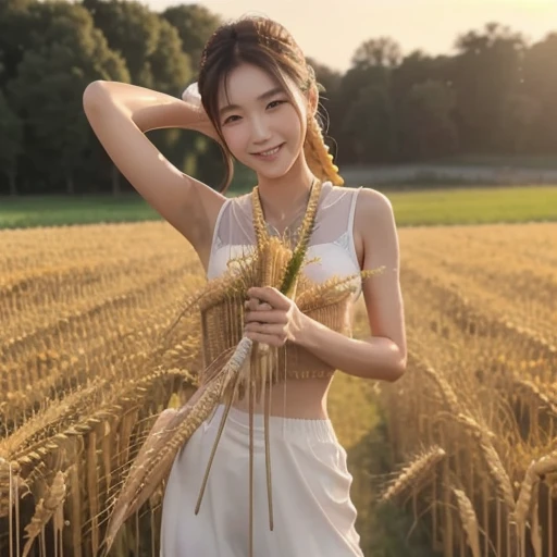 Korean woman, (masterpiece, beautiful people, Polluted smile), Virtual YouTube, Working in the countryside, (exist (Harvest the wheat: 1.4)), Fertilization, weeding, No makeup, No makeup, Country Girl, Ponytail, Delicate skin texture, Detailed fabric texture, Delicate face. masterpiece, Slim waist, slim.