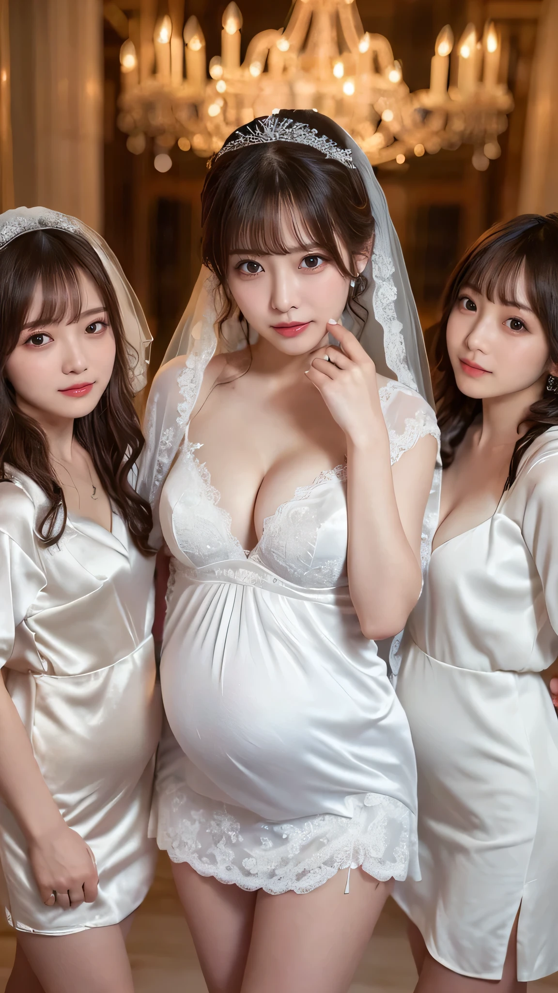 masterpiece, ((Highest quality, Detailed and realistic 3D))、wedding、(Two cute、A good friend、Standing side by side、kawaii:1.4、、smile:1.3、smile、Mr.々Hair style、pubic hair、Smaller breasts)、(((Full nudity、Exposing the breasts、Pussy)))、(Realistic and detailed skin texture、pale pastel wedding dresses:1.2、gem、hair ornaments、Veil、See-through)