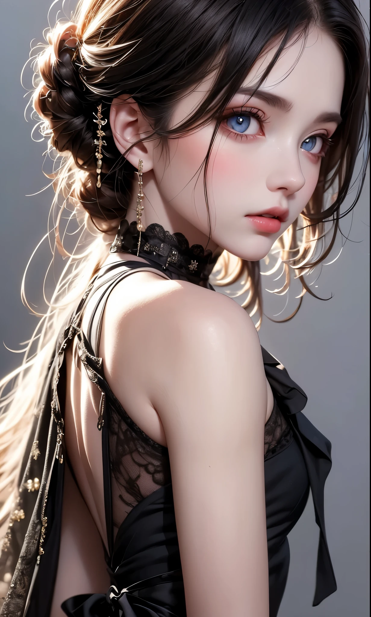 RAWphotograph, photograph, Realistic, 8K vivid photograph of a woman in nature, Super detailed, In detail, Dramatic Light, In detail beautiful eyes, Detailed skin, Depth of written boundary, Grey Eyes, from side