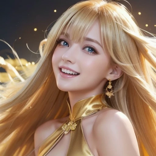 girl, Flowing golden blonde hair, Yellow eyes, Golden Imperial Costume, neckline, Anime, The background is a clear sky with twinkling lights, Dynamic Angle, Arrogant laughter