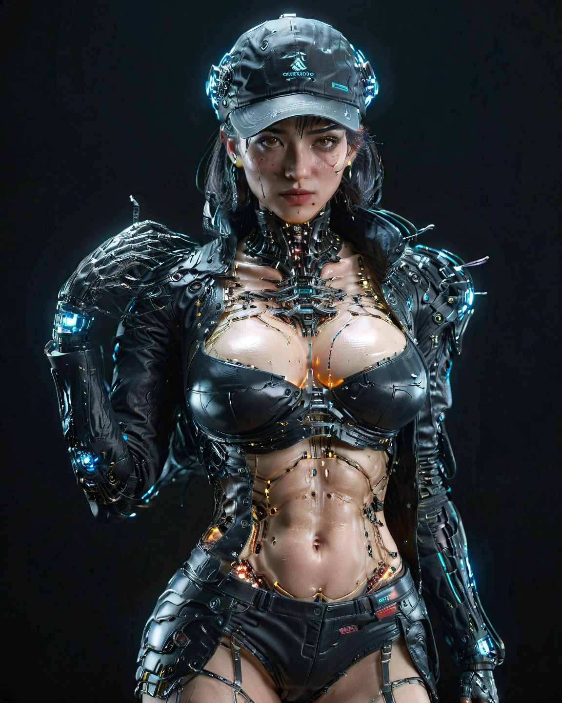 <lora:962D832DF1:1> Super high res candid photograph of a woman with black hair standing as a cyberpunk heroine ,hair slicked back, (she has cyberware lines embedded in her face), her chest is embedded with ((mechanical implants under her chest skin)), skin ripped open,  mechanical arm, (detailed body),   ,cinematic, high quality, looking at the camera