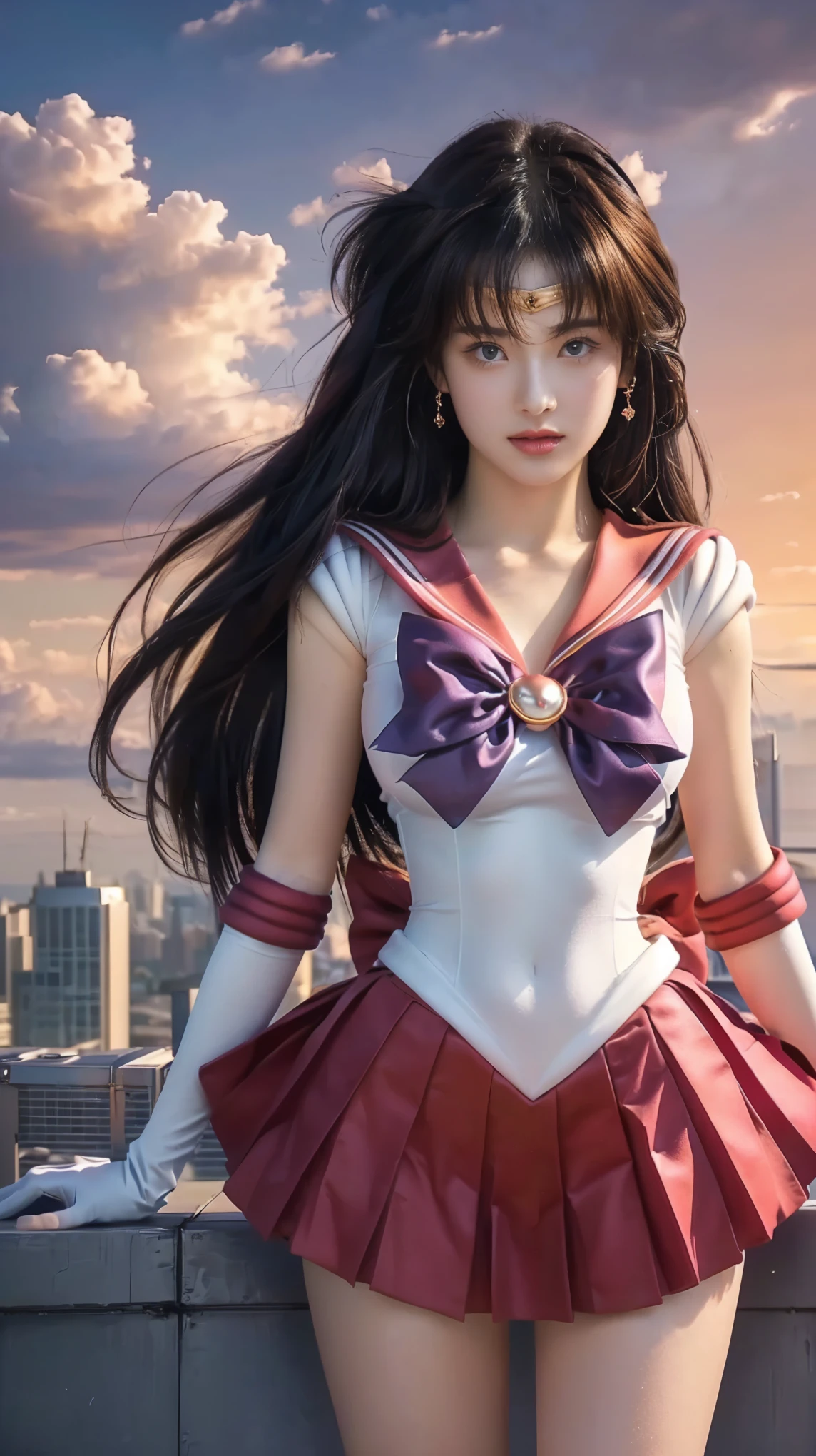 sailor girl posing on a rooftop with a city in the background, realistic style, anime girl cosplay, anime cosplay, the sailor moon. beautiful, big breasts, pleated skirts, super short skirts, tight clothes, thin lips, shiny lips, inspired by Sailor Moon, photorealistic anime, hyper realistic, realistic, sailor moon style, rei hino as a princess, anime girl in real life, by Sailor Moon, realistic cosplay
