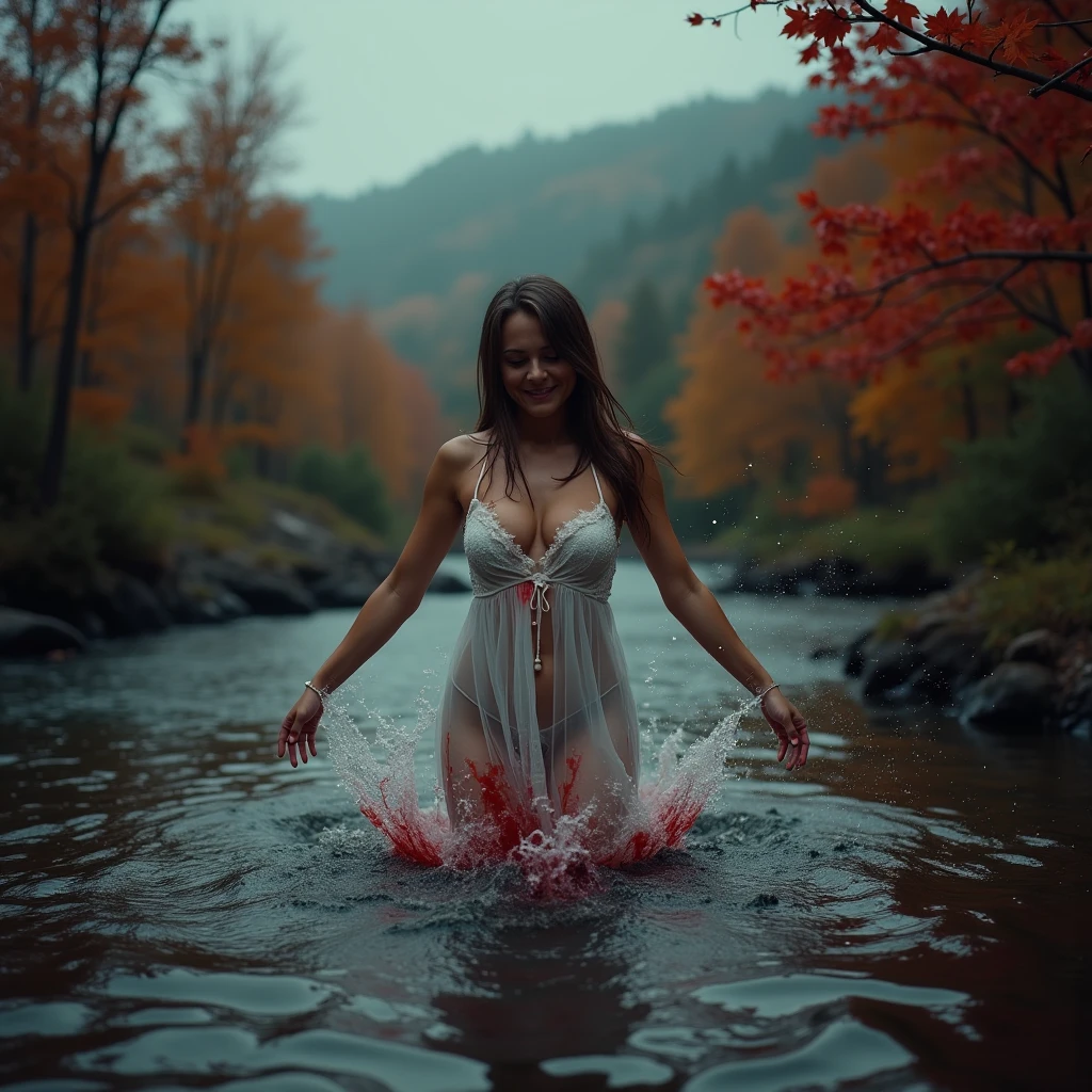 nude、Big Breasts、forest、puddle、