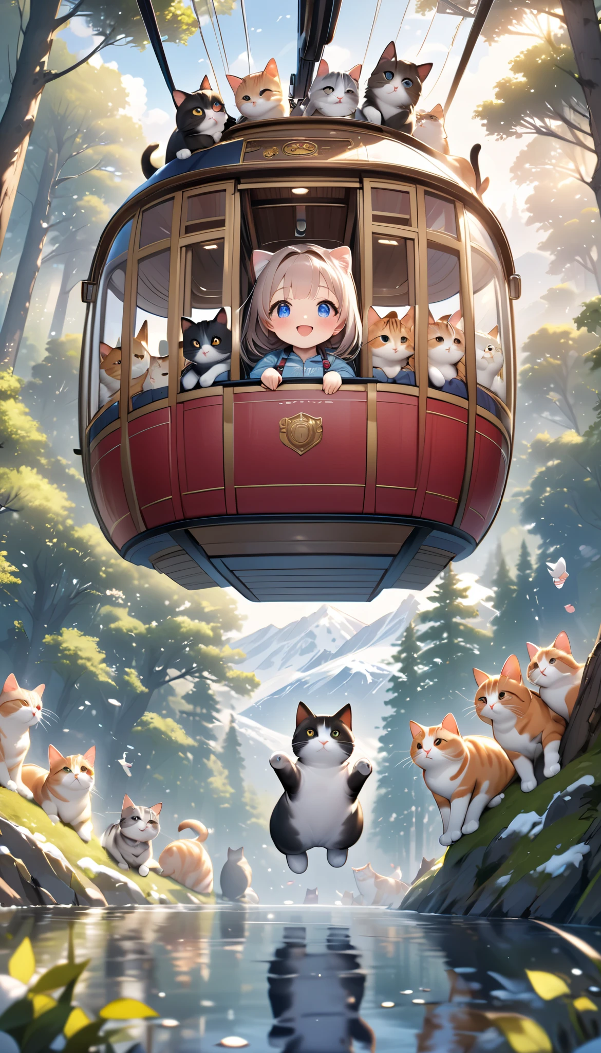 (masterpiece), (ultra-detailed:1.3), best quality, clear focus, dramatic scene, cinematic, shadow, (ultra-high resolution:1.3), (8k:1.3), perfect anatomy, perfect face, (detailed face), (detailed eyes:1.2), (chibi:1.2), 1 girl\(famous Japanese chibi idol girl, very beautiful and cute but cool face, wearing a very cute outdoor wear with coveralls and nylon jacket, cute shoes, large breasts\), cute giant fat cats\(giant fat cat, cute, chubby, big, tall, mewing\), (A girl is riding on a cable car with many cats on the beautiful lake in the forest:1.3), the gondola of the cable car is large and colored with stylish pattern, (detailed cute giant fat cats:1.1), happy smile, peaceful atmosphere, amazing view of the snow mountains with winter scenery