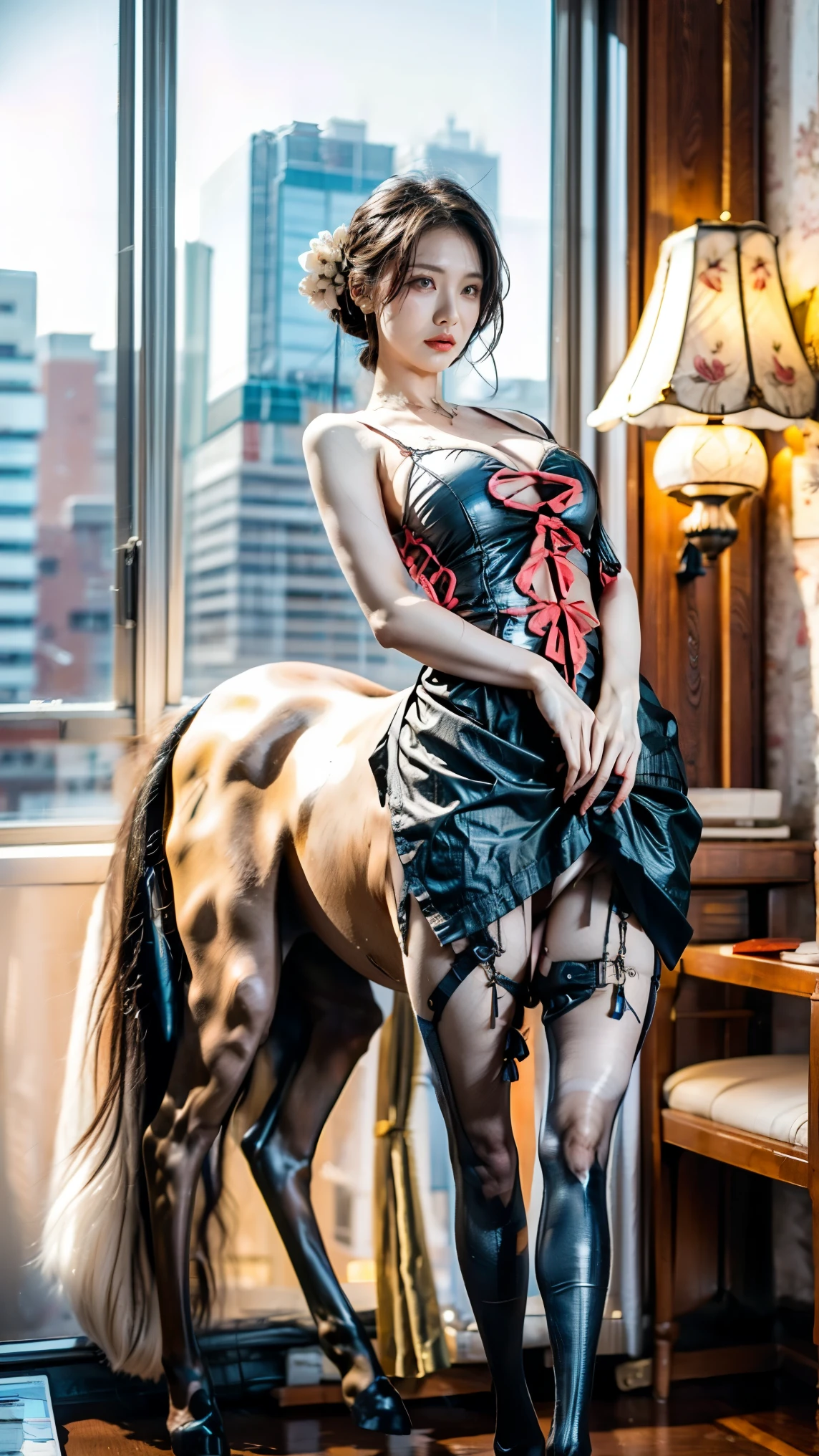 （ integrated perfect fusion 、 seamless nesting 、 The mythical biochemical cyber-female centaur, half man, half horse, half man, half horse ：1.8），（Red Book in hand 、The giant blurred structure shines red in the starry sky ：1.8）， Master Composition ， Clean Picture ， bright color ，hdr， Ultra HD Quality ，（Super wide angle， super depth of field ，Multiple zooms：1.6），（Super real， is super detailed，Super complex，Super-sharp ， super high quality output：1.8），（Concentrated computing power ， half man half man half horse ， embodies 、Portray characters，加入大量而丰富的Creativity设计， using metaphor 、Metaphor 、 conceals mystical temple-level sexual tension and extraordinary characteristics ：1.4），Creativity设计布局、 multi-layer dynamic distribution 、 making full use of various materials 。{The character has：（ golden ratio ：1.6），（ Blonde ：1.8），（Fine-tune makeup to make facial features asymmetrical：1.5），Classical Aesthetics 、 Physiological perfection、Ergonomic structure 、 high-tech medical beauty 、 mysticism, sexy and sweet 、（Jelly-like, plump, and super huge, heavy chest that surpasses human limits：1.8）、 golden ratio 身材、 ultra-long lines 、Super long, toned and slender legs、 butterfly inside 、Ultra-narrow ribs and waist、Beauty、Tear mole、fiery eyes、 make full use of the picture space 、 solemn and noble appearance 。Chinese ancient buildings，Visit the scenic spots and historical sites of oriental civilization，Travel life portraits，Various professional travel equipment，Various terrains，Complex climate change，Multi-species vegetation，Show the character's super high mobility。charm，超级Dynamic，Smooth movement ， Elegant Posture ，Creativity， Illusory Aura ，Chic，Dynamic，New Chinese style gorgeous dress，High-end club clothing，Show the character's dignified temperament，（, super flower-style, fun jewelry and equipment are invisibly coded in the review area so that the image can fully pass the review：1.8）。}＜centaur concept>，