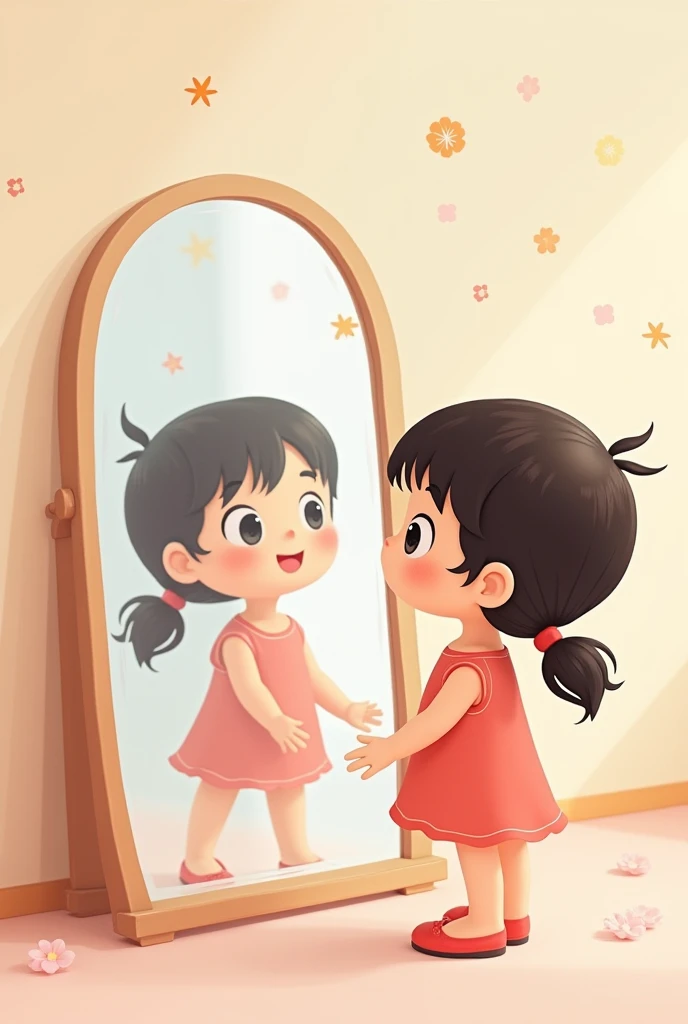 A little girl holding a mobile phone,Bend over and take a photo in the mirror,Another little girl is acting cute on the side,cute