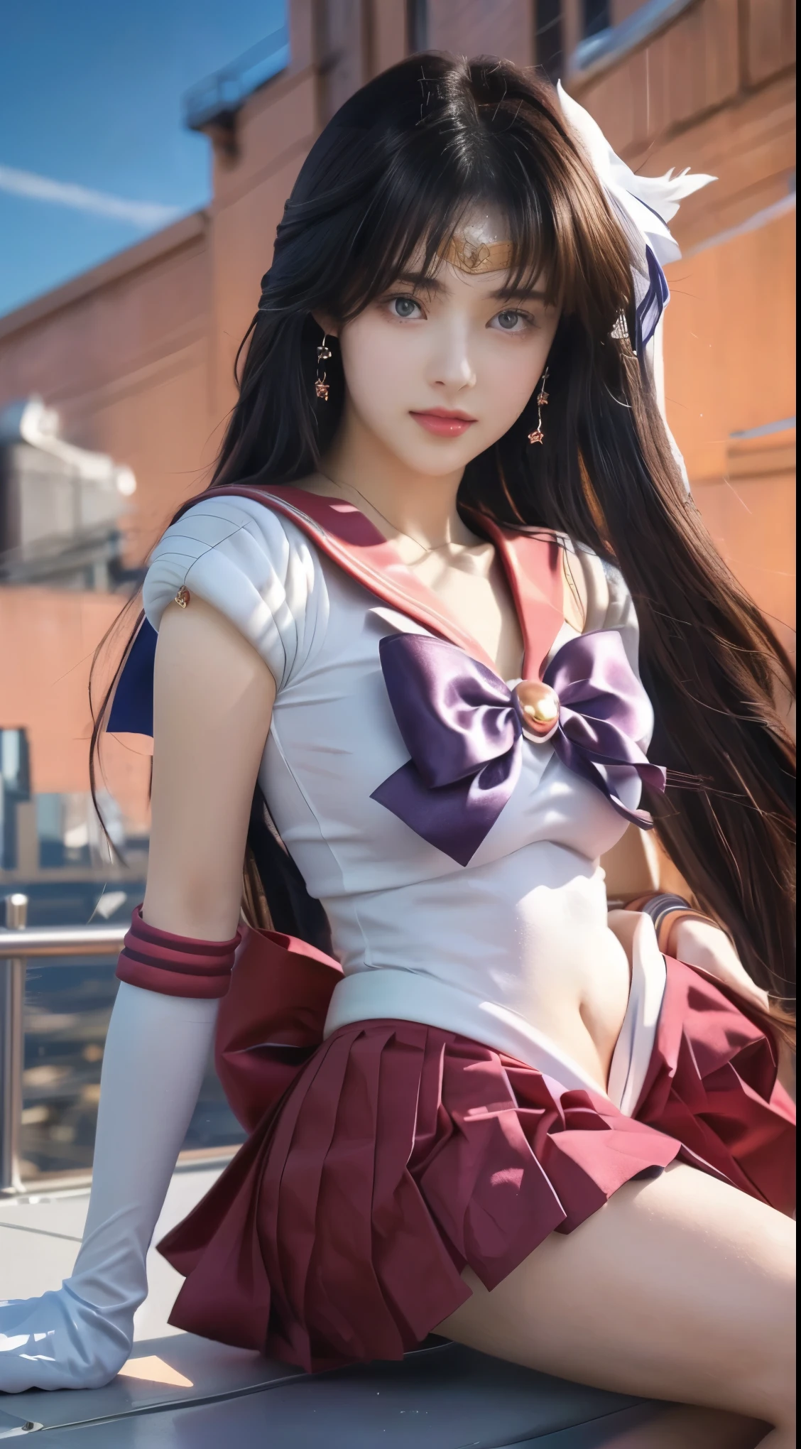 sailor girl posing on a rooftop with a city in the background, realistic style, anime girl cosplay, anime cosplay, the sailor moon. beautiful, big breasts, pleated skirts, super short skirts, tight clothes, thin lips, shiny lips, inspired by Sailor Moon, photorealistic anime, hyper realistic, realistic, sailor moon style, rei hino as a princess, anime girl in real life, by Sailor Moon, realistic cosplay