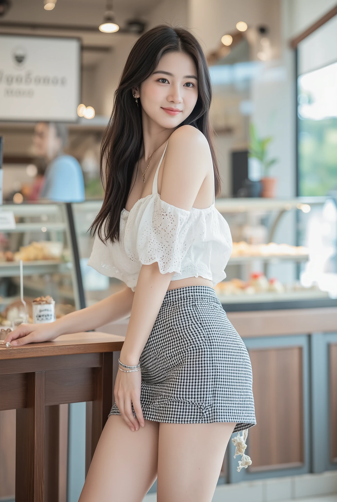 A high-detail, Low-angle , realistic photograph captures the full-body image of an 18-year-old beauty and cute Thai woman with a good figure, black long hair, Earrings, bracelets, necklaces , smile, beautiful legs. She sexy stand with your back turned in bekery shop at shopping mall, wearing a a full white eyelet halter top and checkerboard fitted mini skirt. Showcasing her youthful charm and the serene ambiance of the setting.